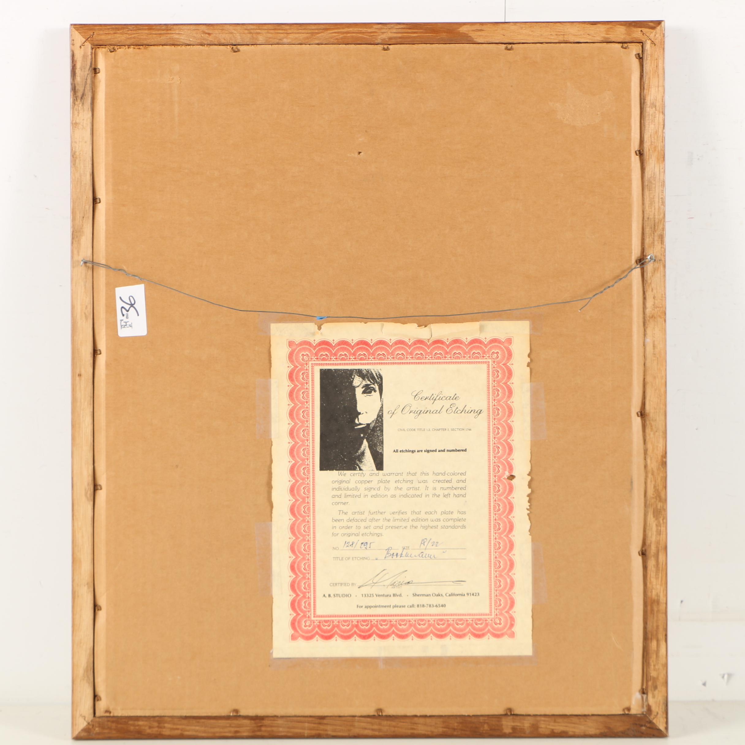 L. Mariae Limited Edition Hand Colored Etching on Paper "Bookworm"