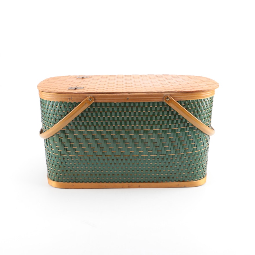 Wooden Picnic Basket with Woven Exterior and Thermos