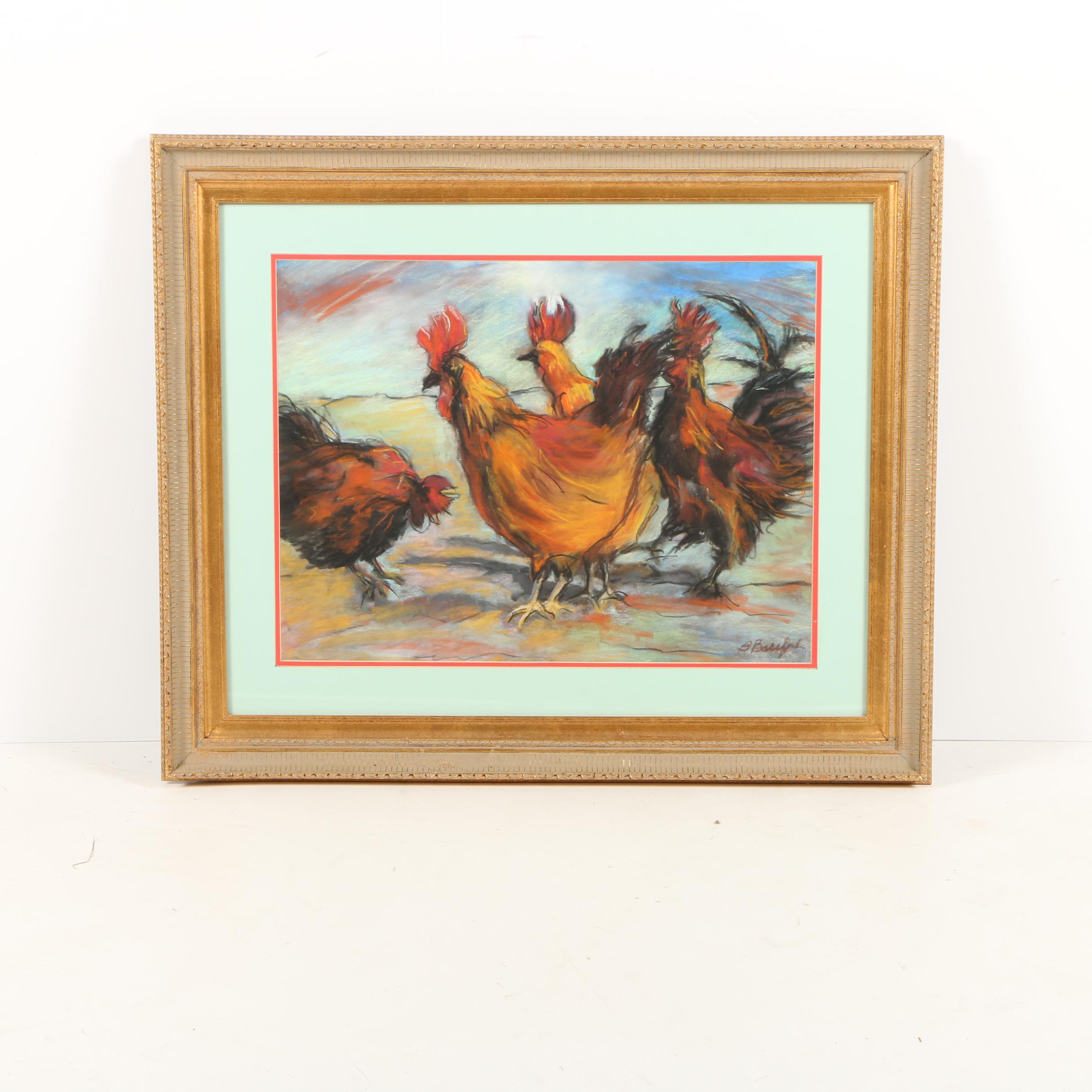 Beverly Bassford Pastel Drawing on Paper "Fighting Cocks"