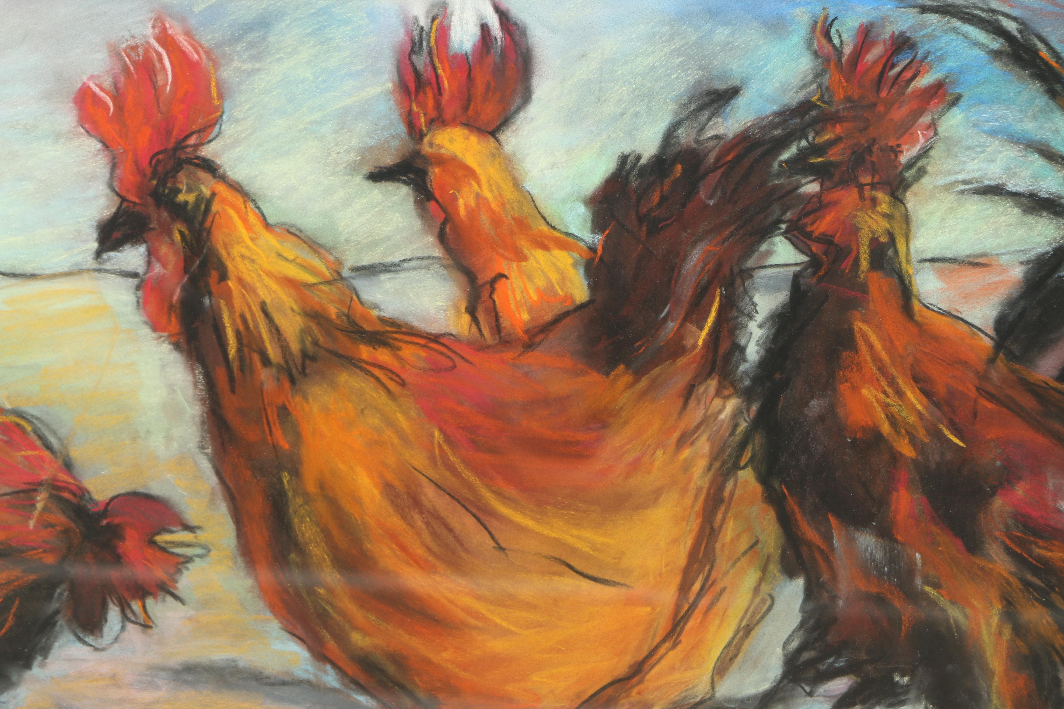 Beverly Bassford Pastel Drawing on Paper "Fighting Cocks"