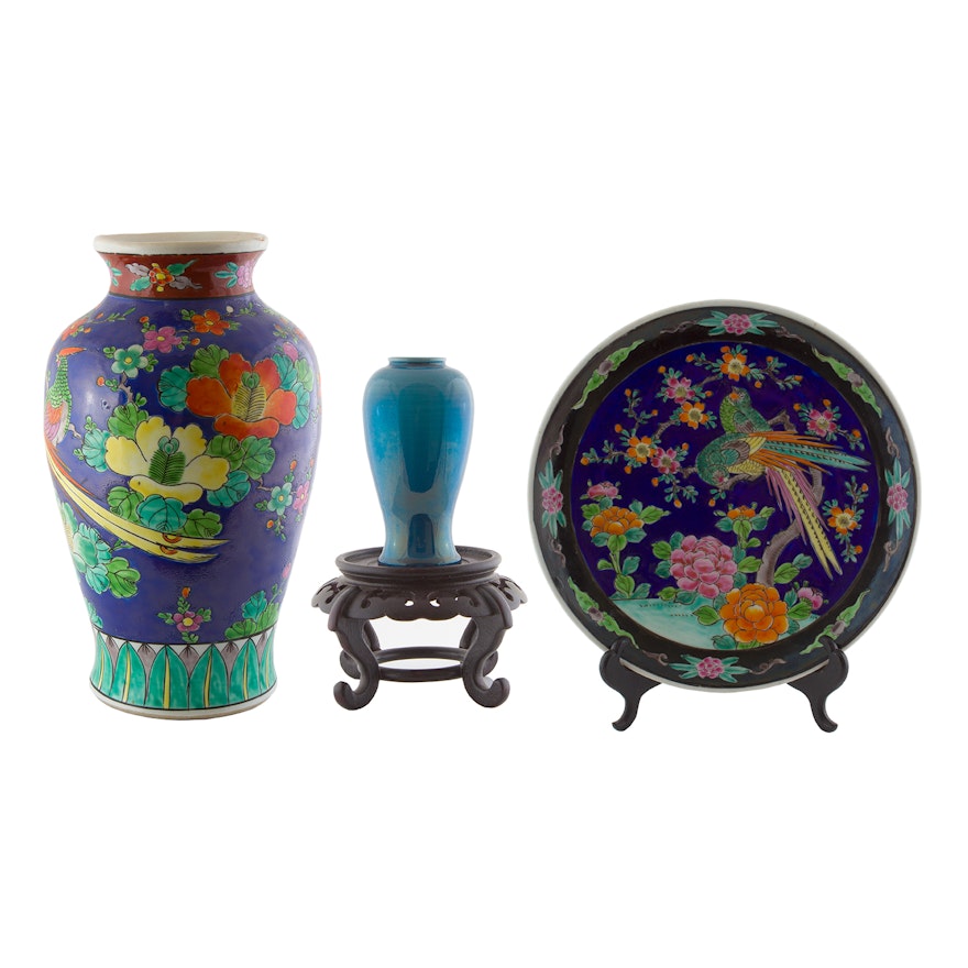 1930s Japanese Hand-Painted Vase and Display Plate