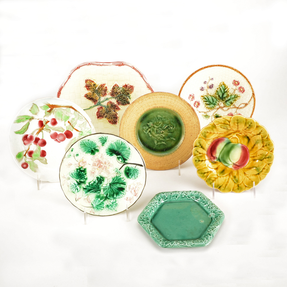 Antique Assorted Majolica Plates including Griffin, Smith & Hill