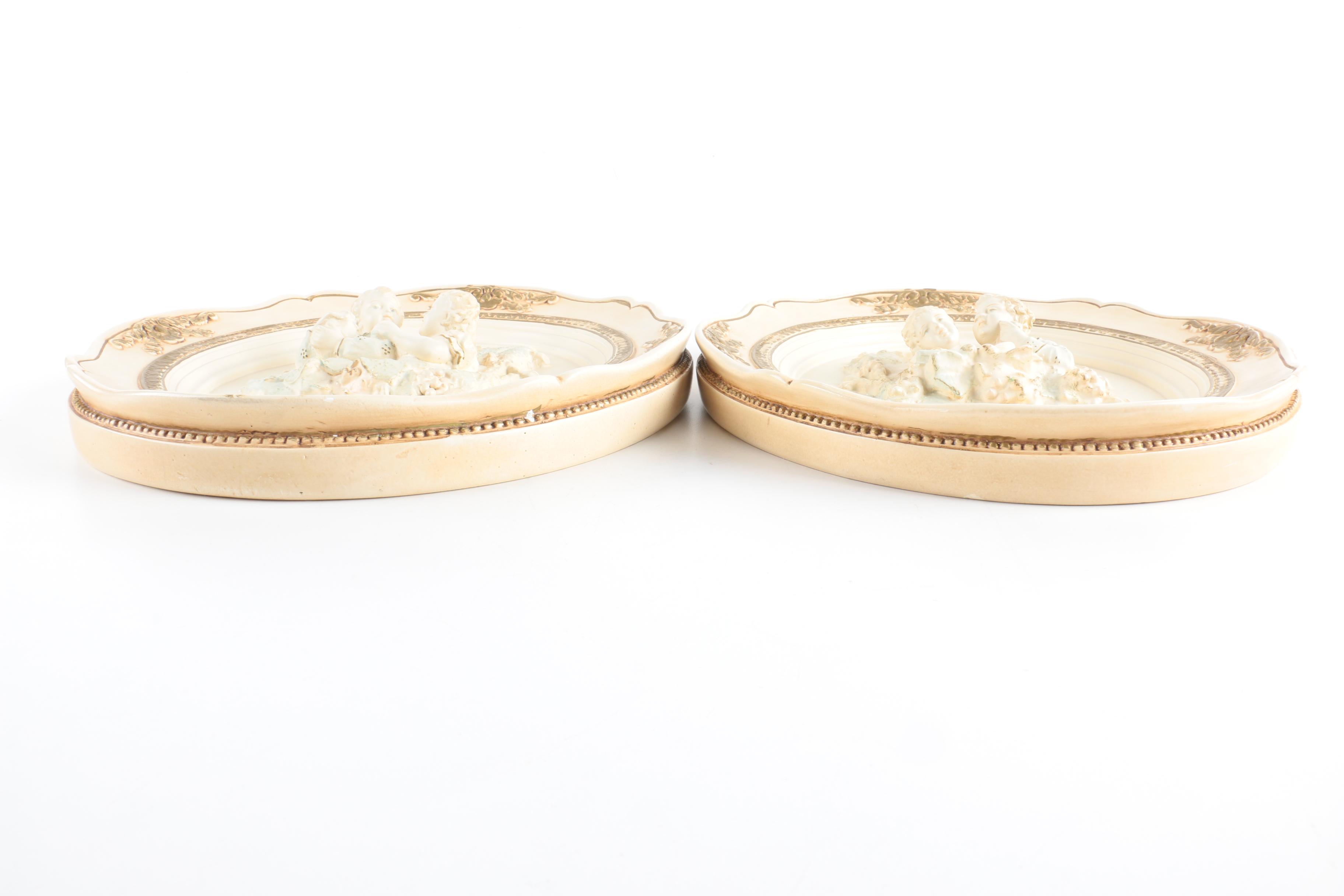 Pair of Vintage Chalkware Wall Hangings with Courtship Scenes in Relief