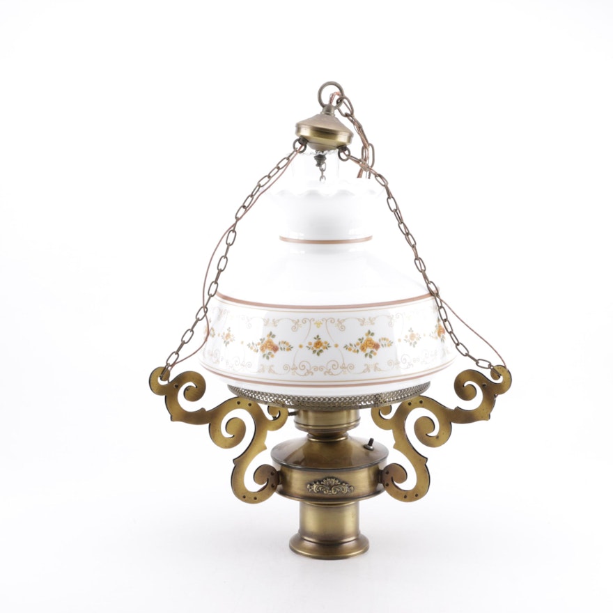 Electrified Kerosene Brass and Glass Pendant Light Fixture