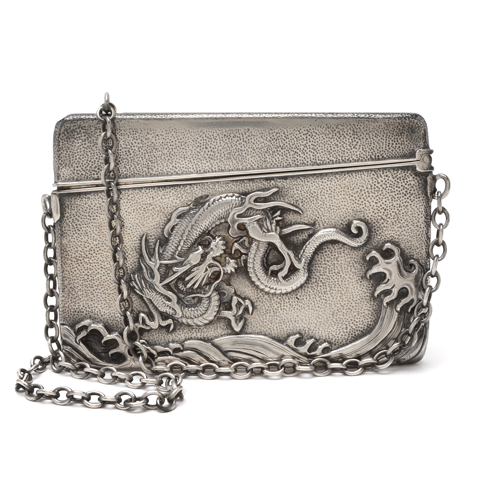 Antique Japanese Arthur & Bond Sterling Silver Card Case with Dragon in Relief