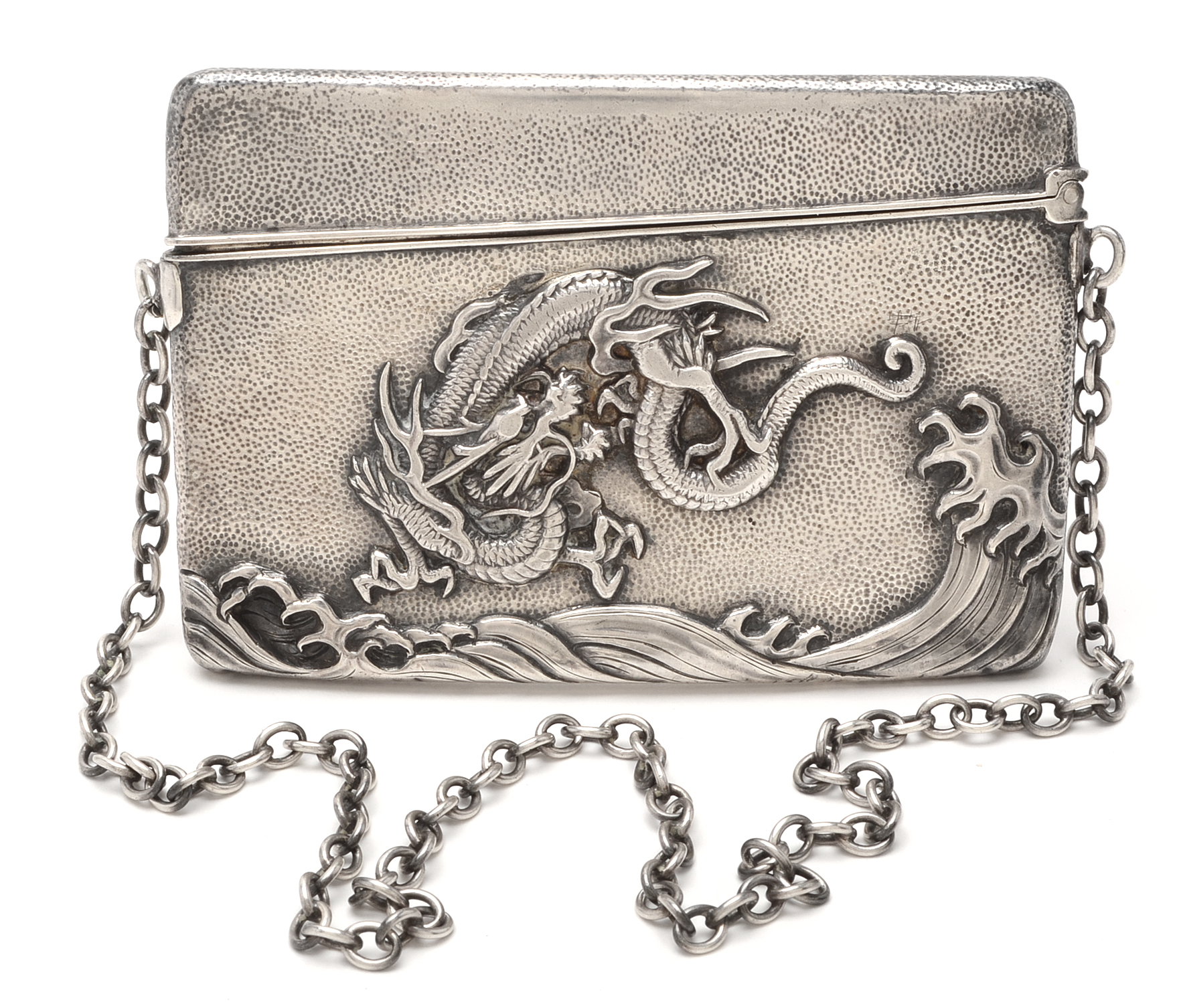 Antique Japanese Arthur & Bond Sterling Silver Card Case with Dragon in Relief