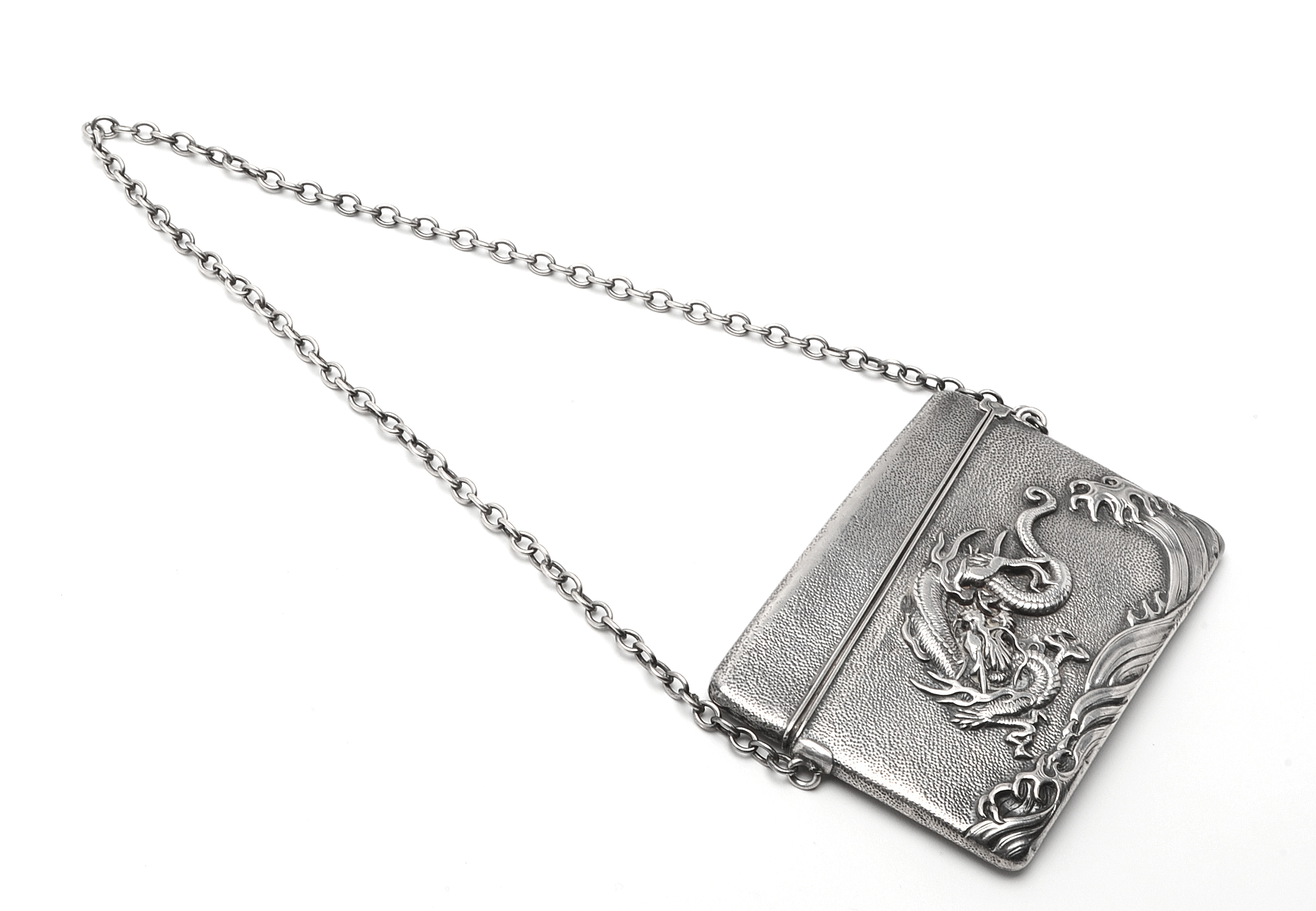 Antique Japanese Arthur & Bond Sterling Silver Card Case with Dragon in Relief