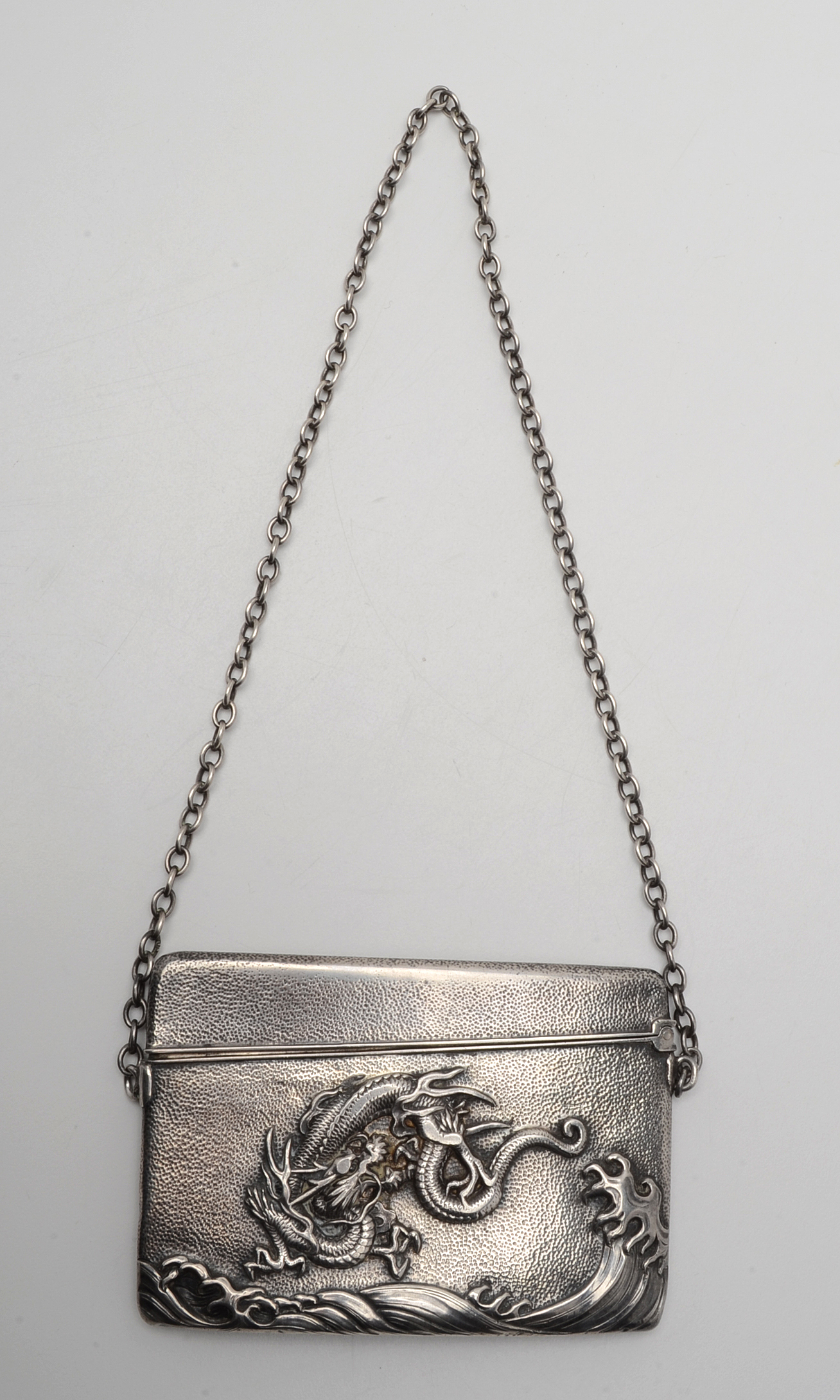 Antique Japanese Arthur & Bond Sterling Silver Card Case with Dragon in Relief