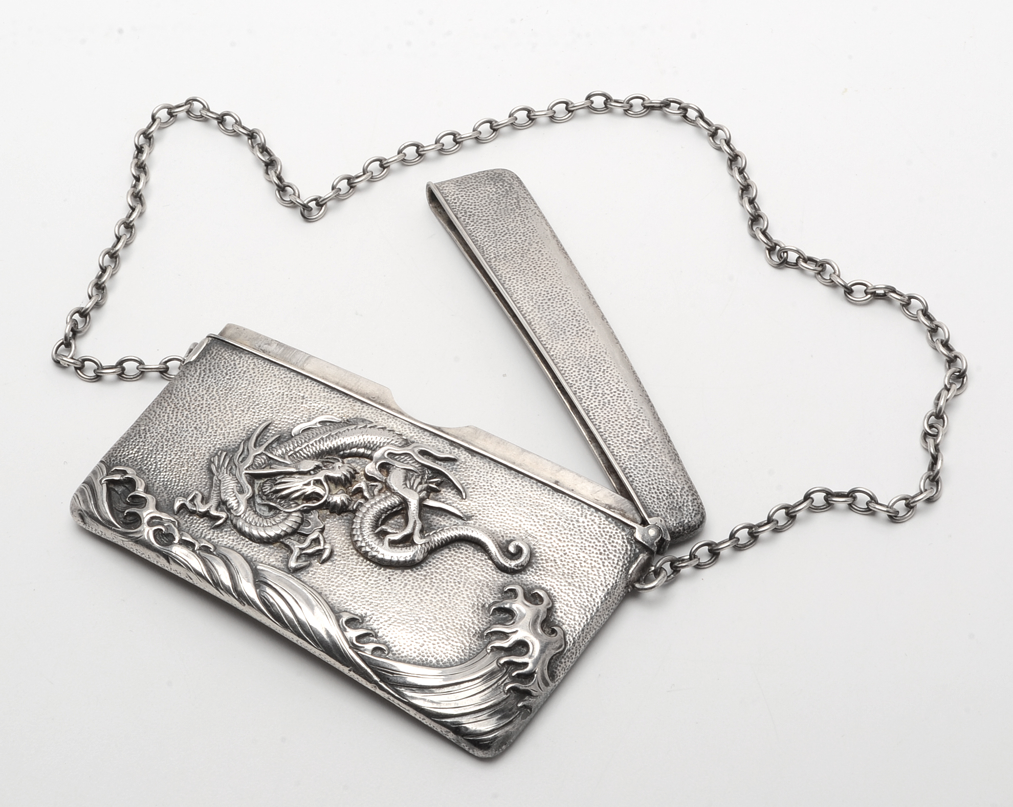 Antique Japanese Arthur & Bond Sterling Silver Card Case with Dragon in Relief