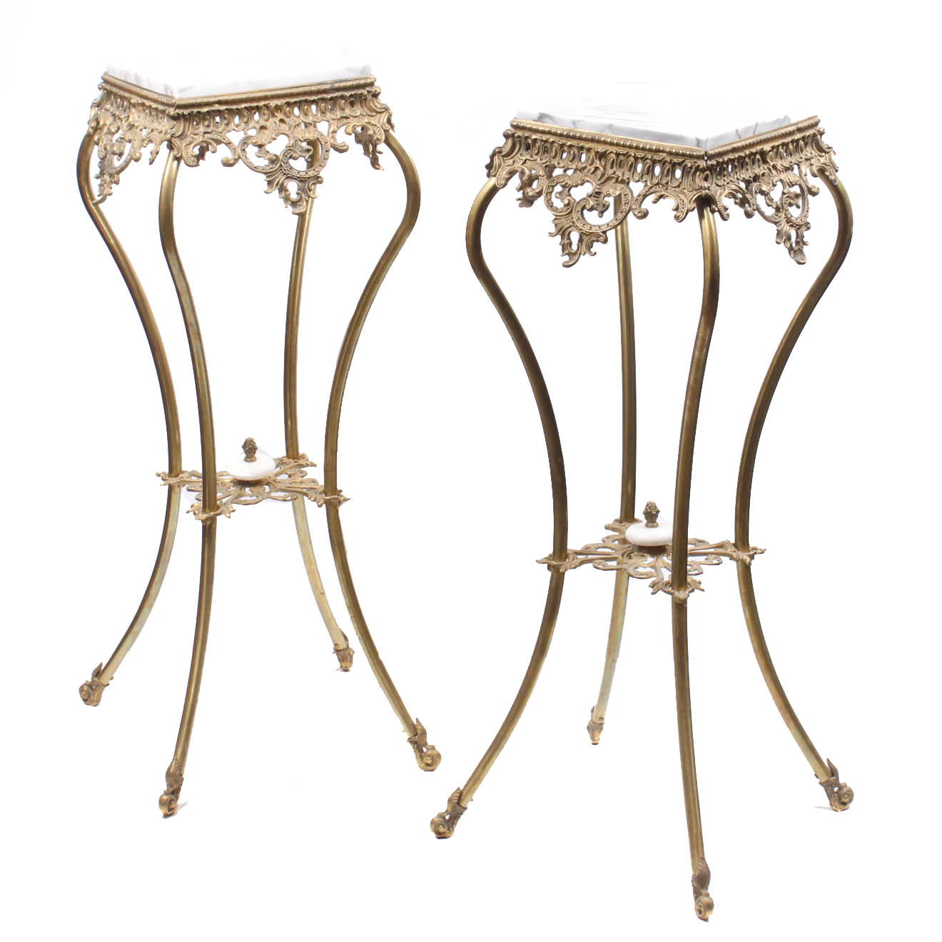 Two Vintage Rococo Revival Style Marble and Brass Plant Stands