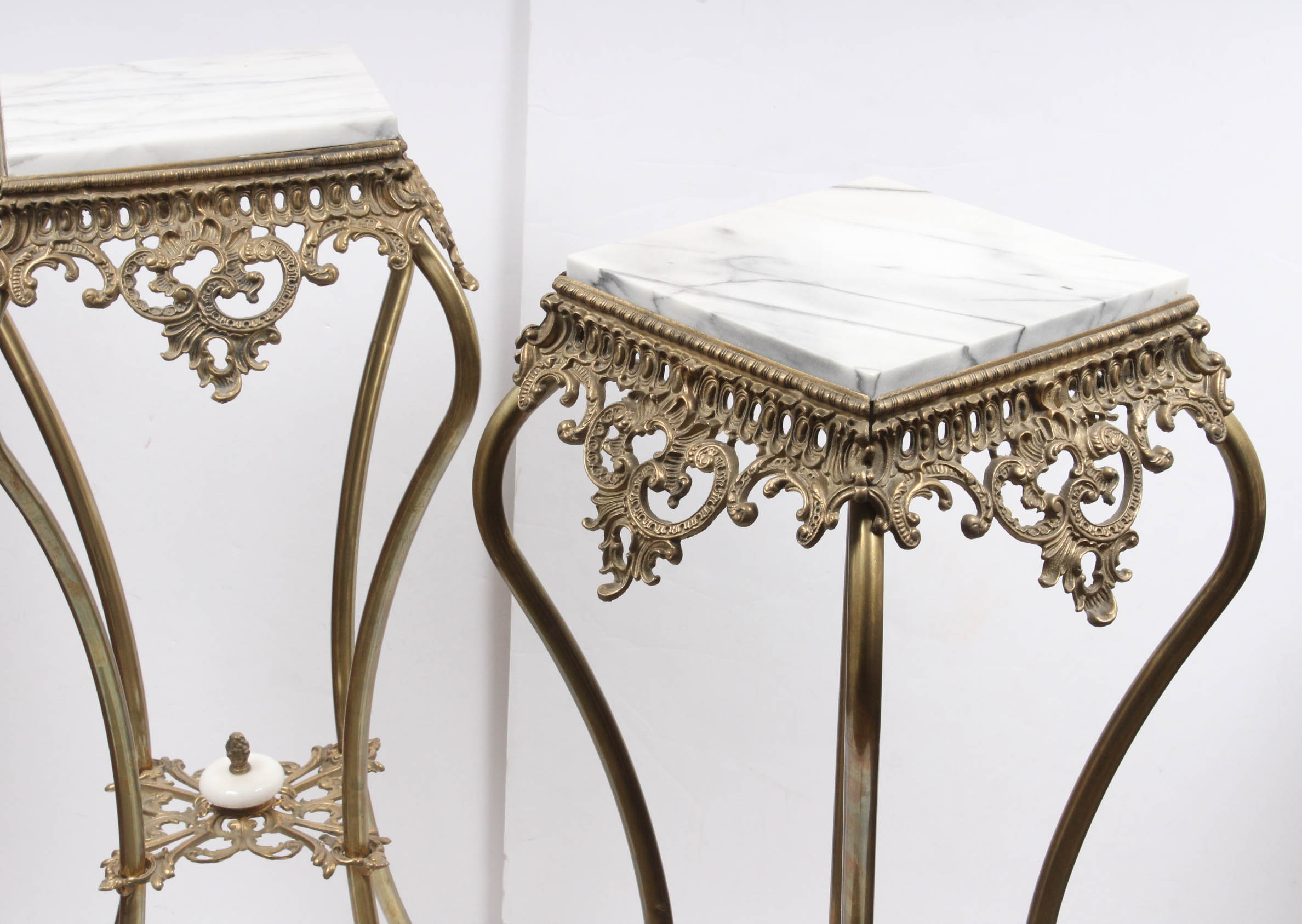 Two Vintage Rococo Revival Style Marble and Brass Plant Stands