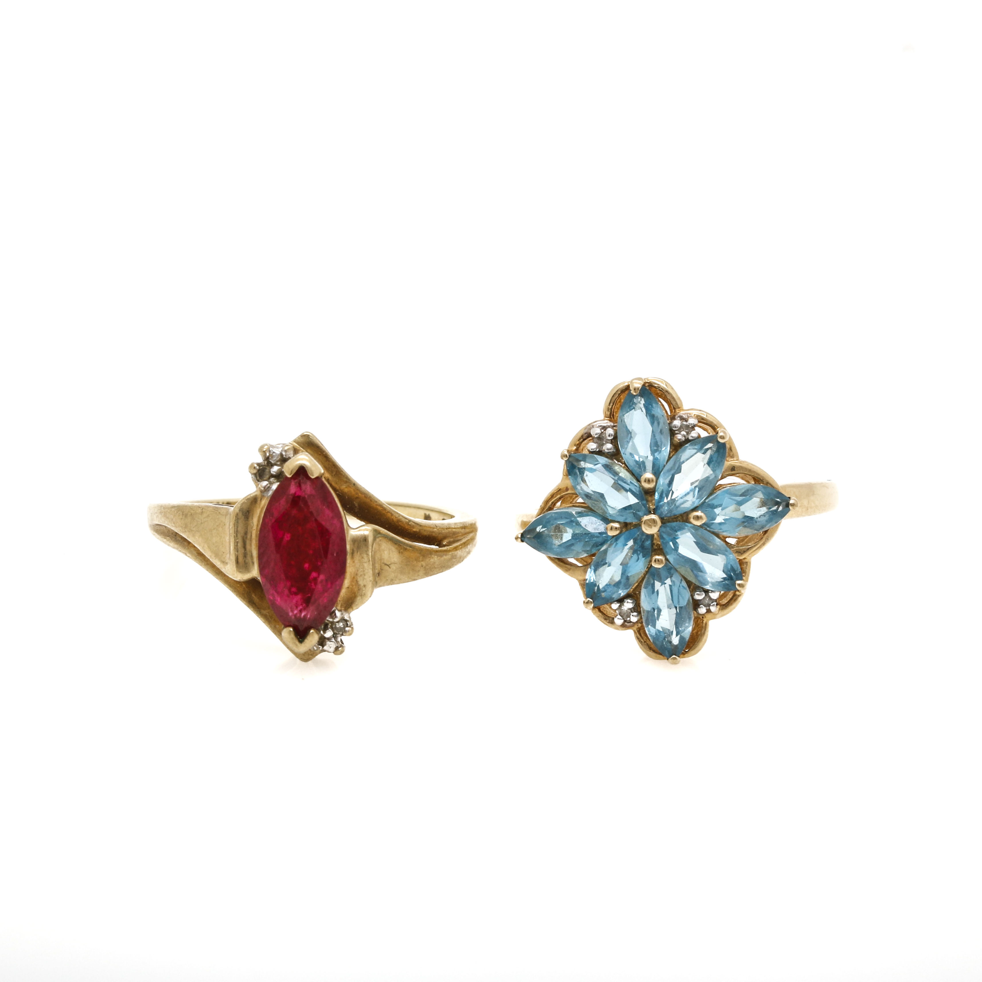 10K Yellow Gold Rings With Ruby, Blue Topaz and Diamonds