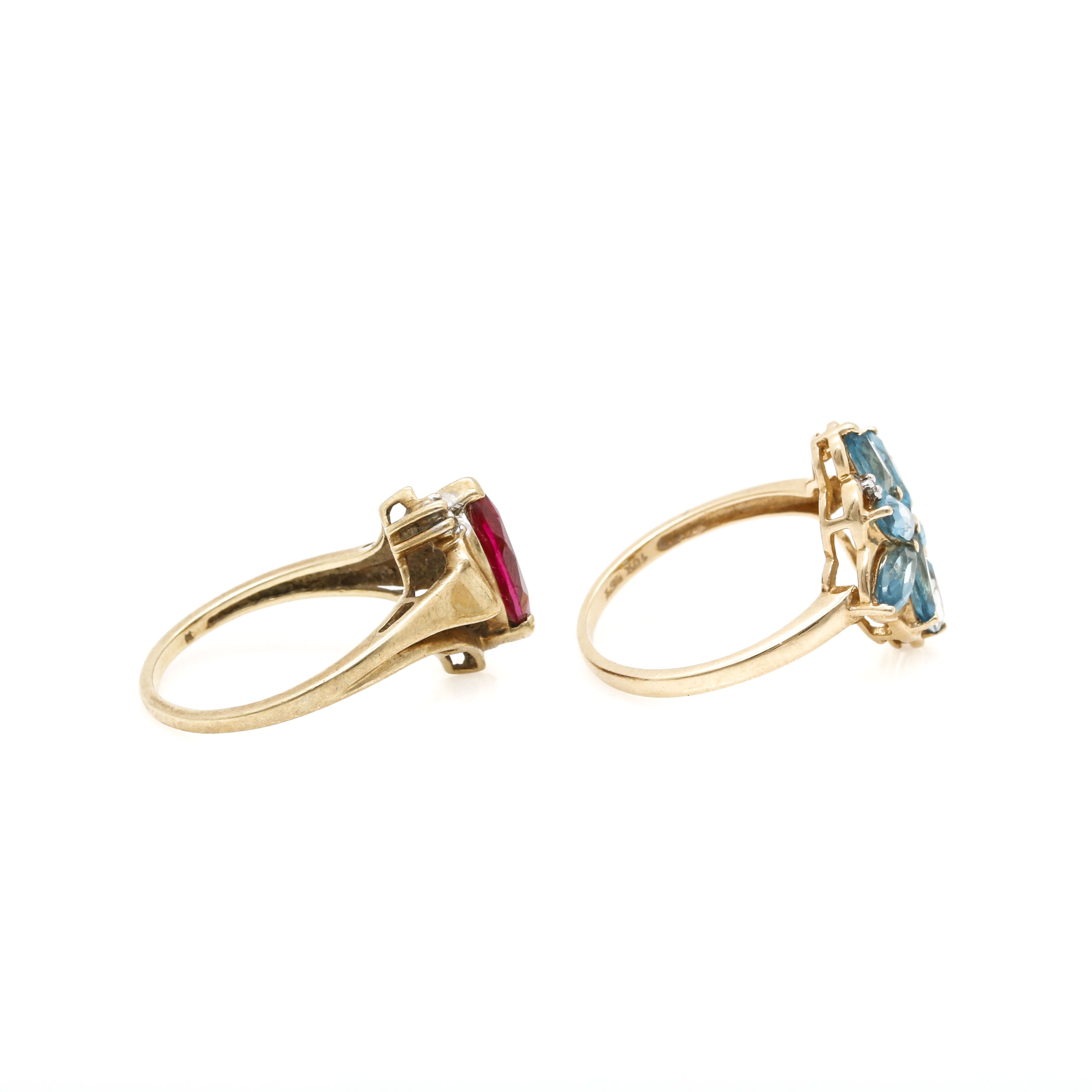 10K Yellow Gold Rings With Ruby, Blue Topaz and Diamonds