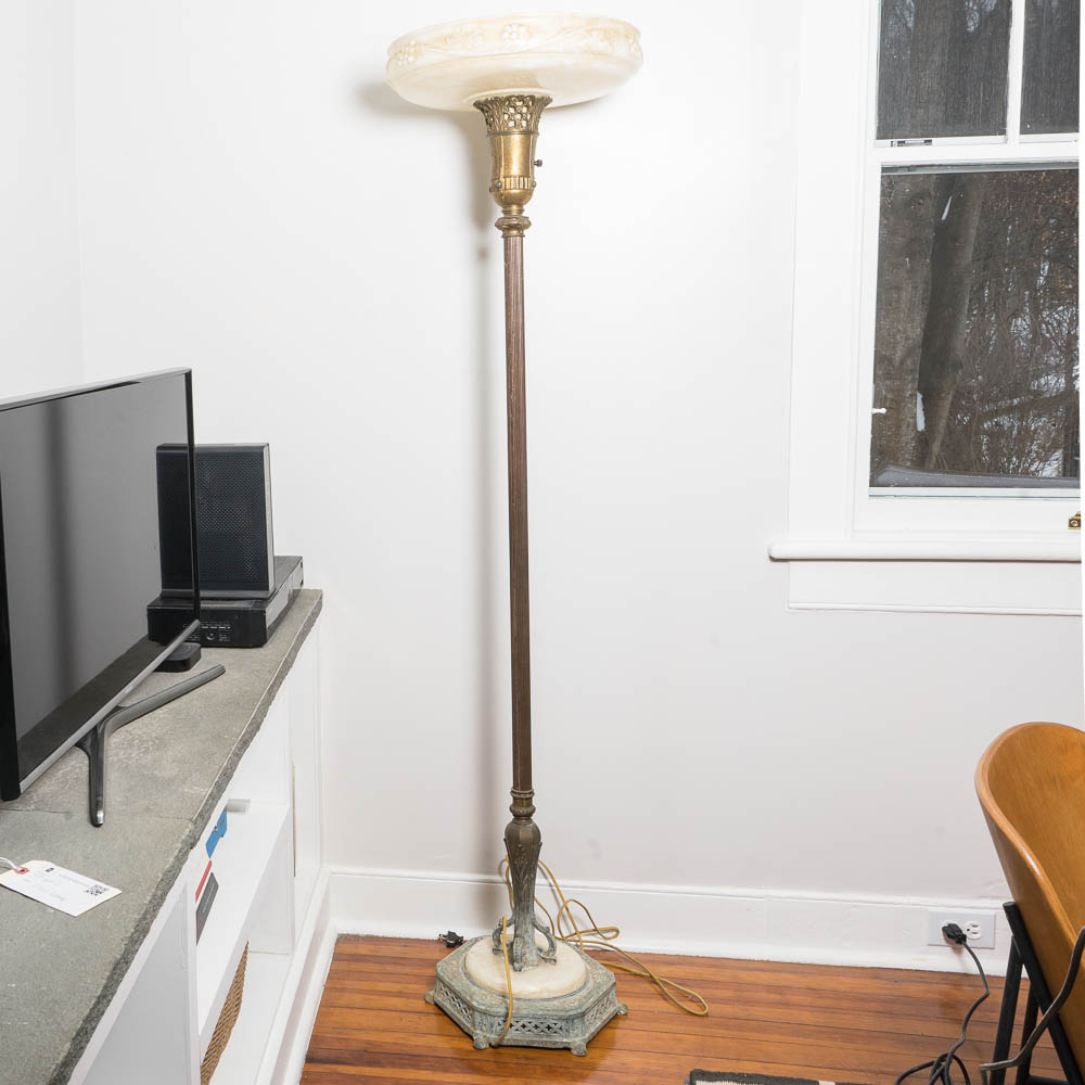 Vintage Torchiere Floor Lamp with Glass Shade