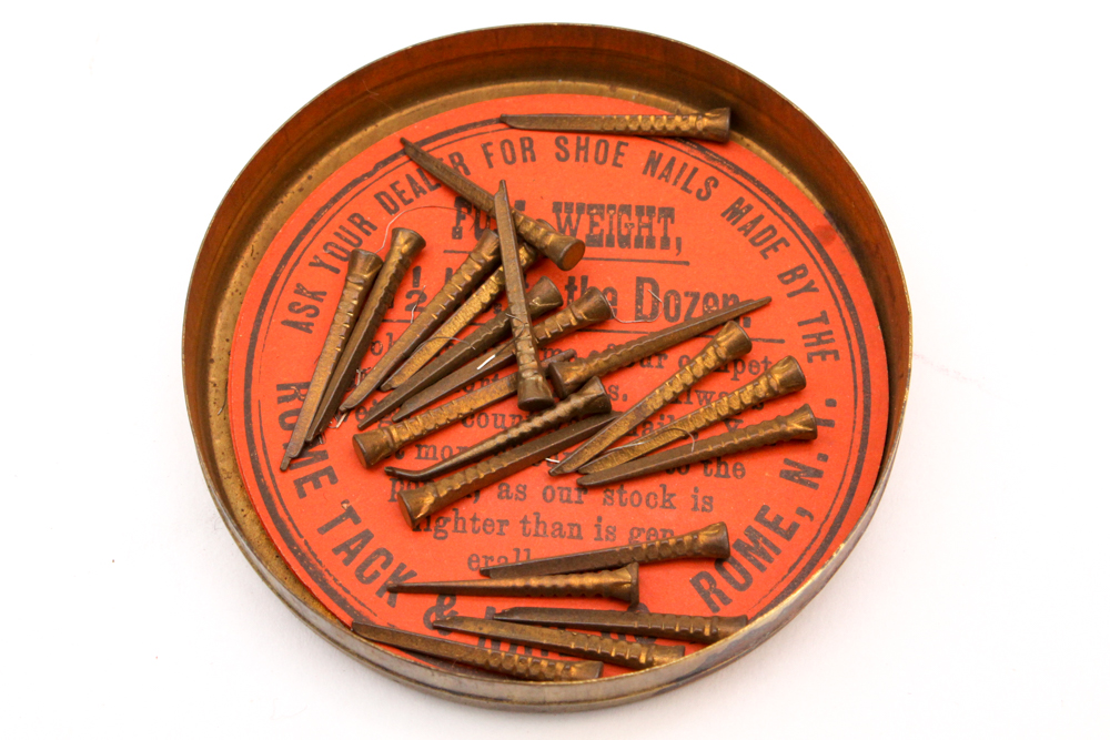 Vintage Rome Tack & Nail Co Brass Shoe Nail Kit and Container