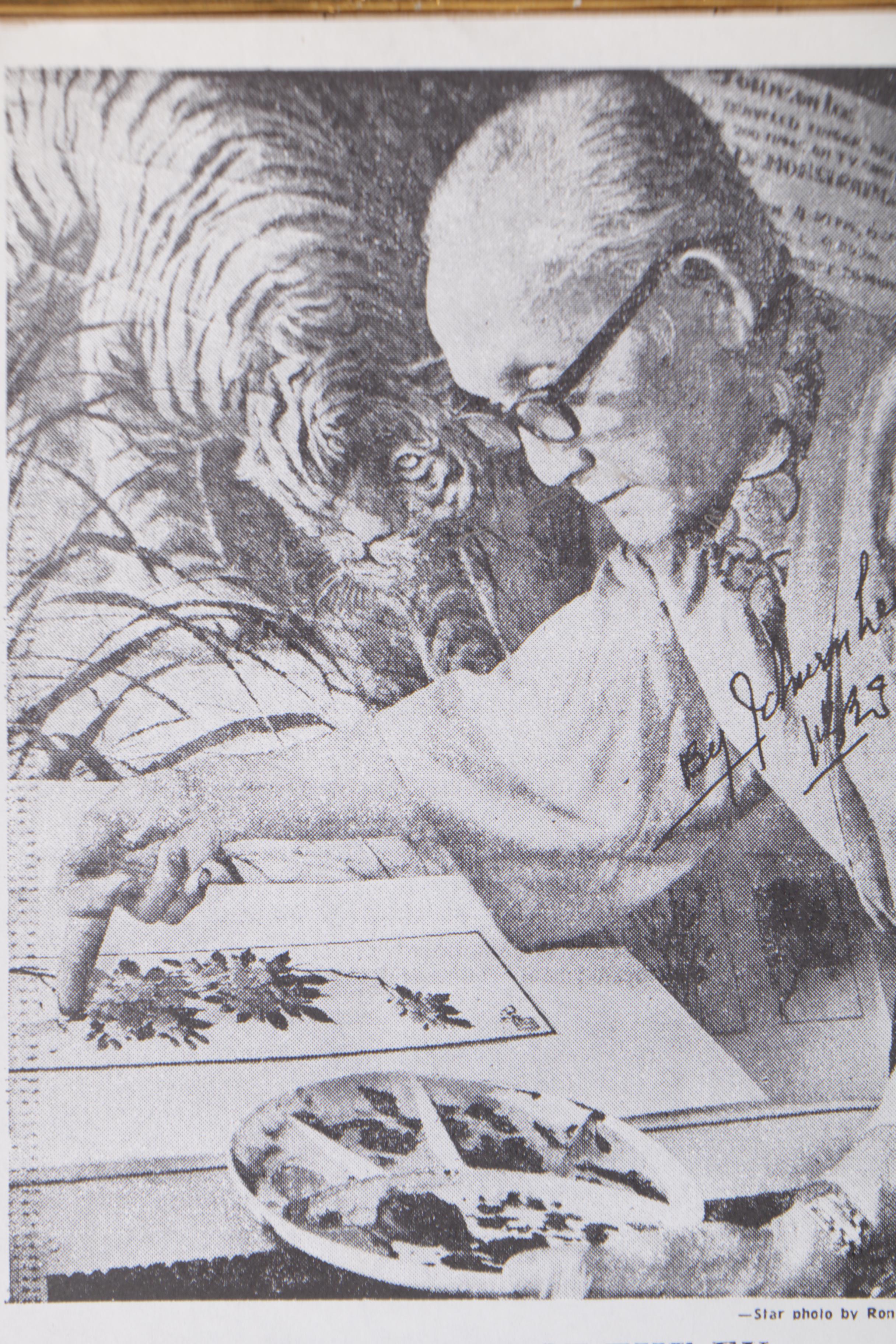 Johnson Lee Watercolor Finger Painting of Butterflies on Flowering Branch