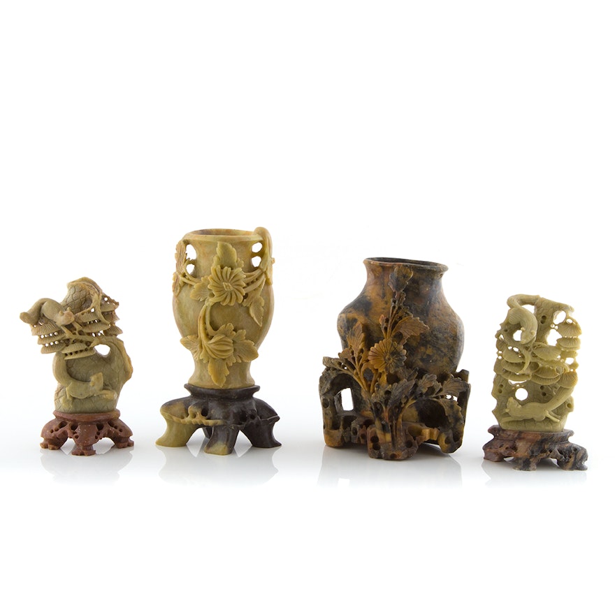 Chinese Carved Soapstone Sculptures and Vases