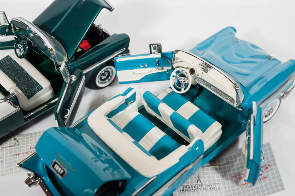 1936 and 1956 Chevy Bell Air Convertible Die Cast Cars by The Franklin Mint