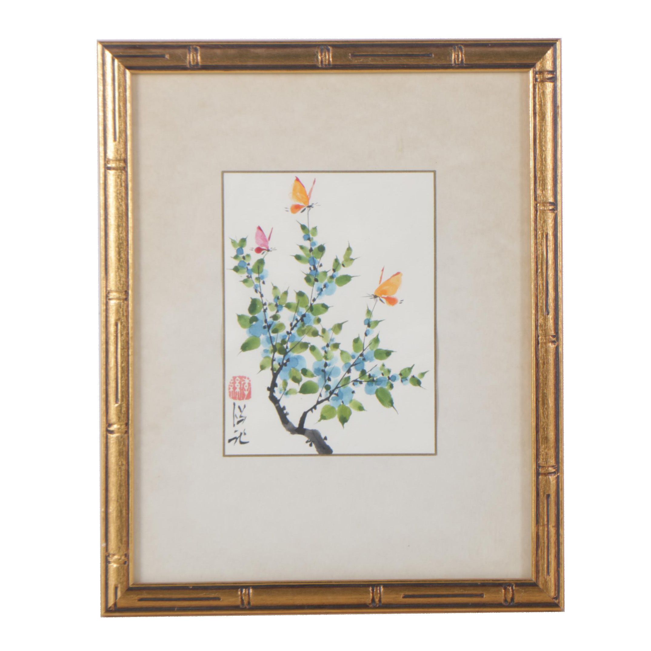 Johnson Lee Watercolor Finger Painting of Butterflies on Flowering Branch