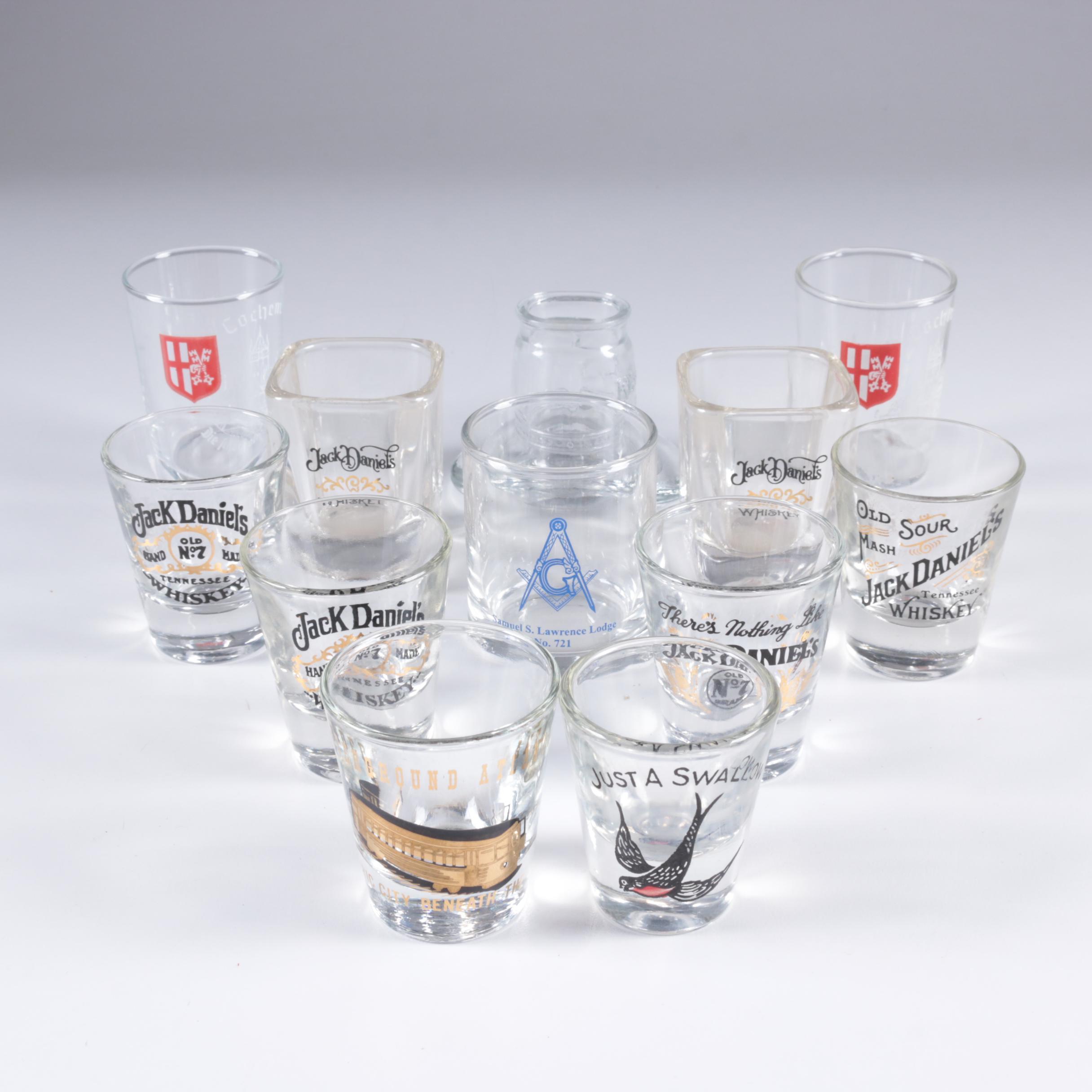 Assortment of Shot Glasses Including Jack Daniels and Kessler