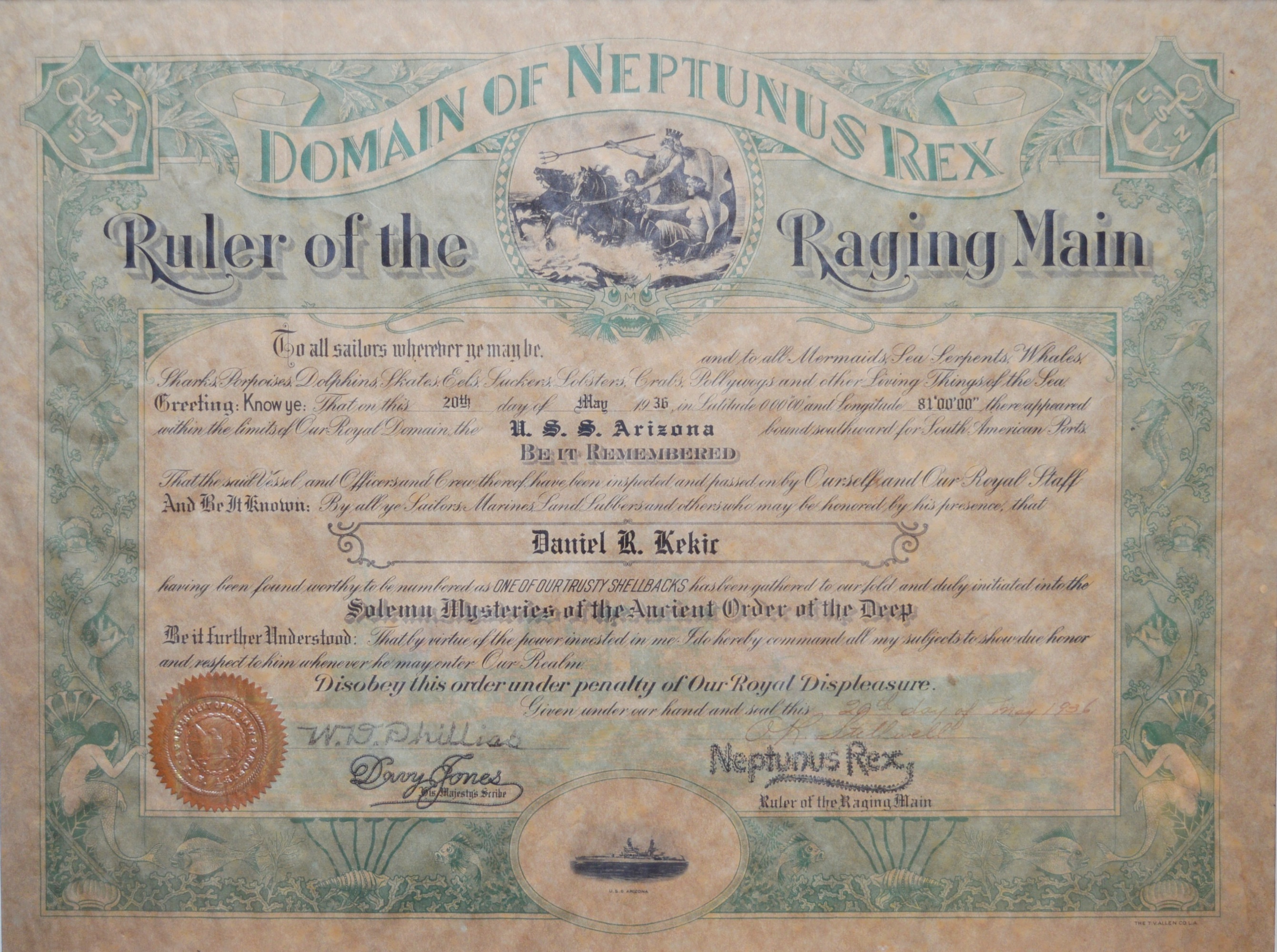 United States Navy USS Arizona Shellback Certificate