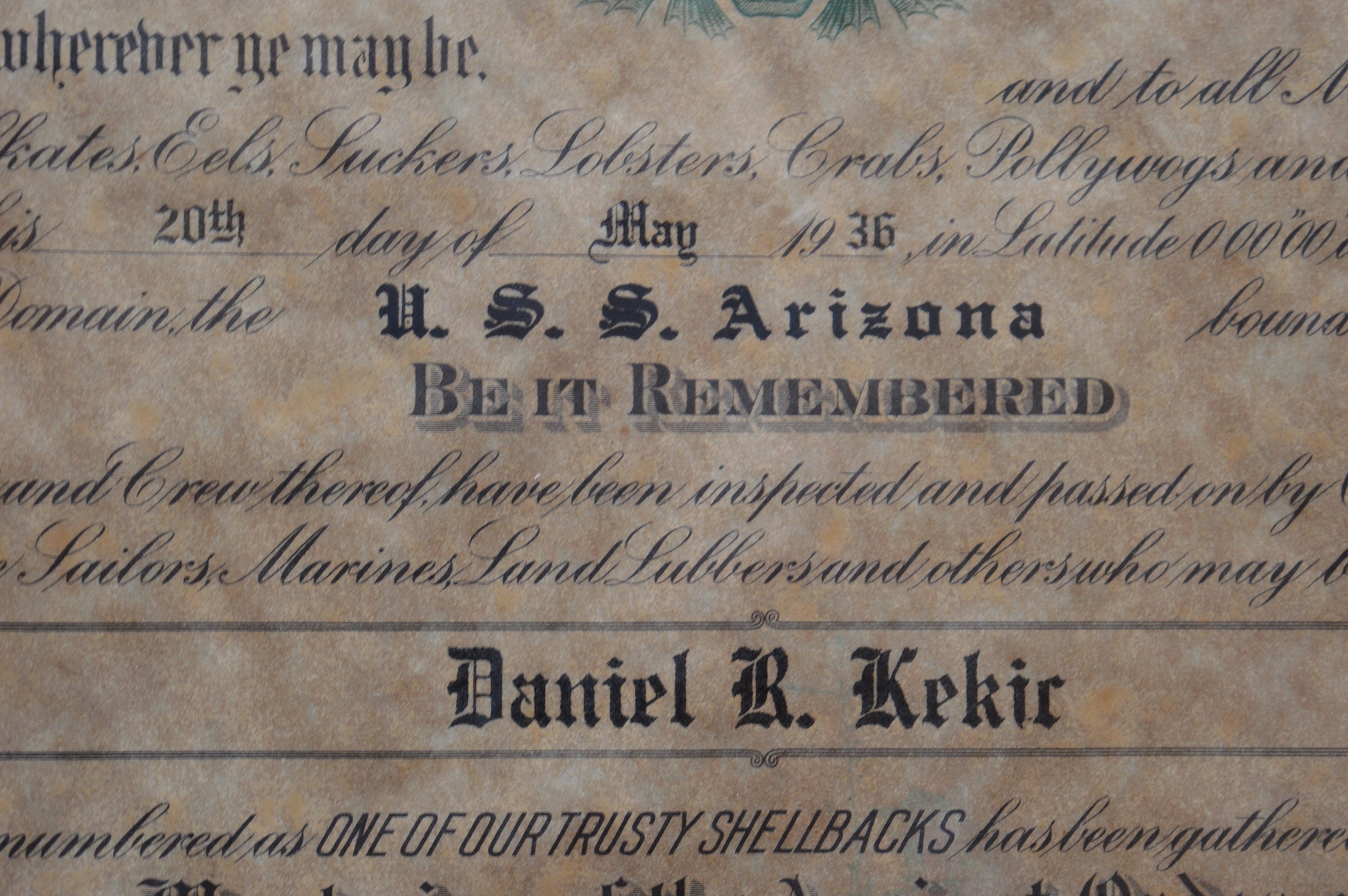 United States Navy USS Arizona Shellback Certificate