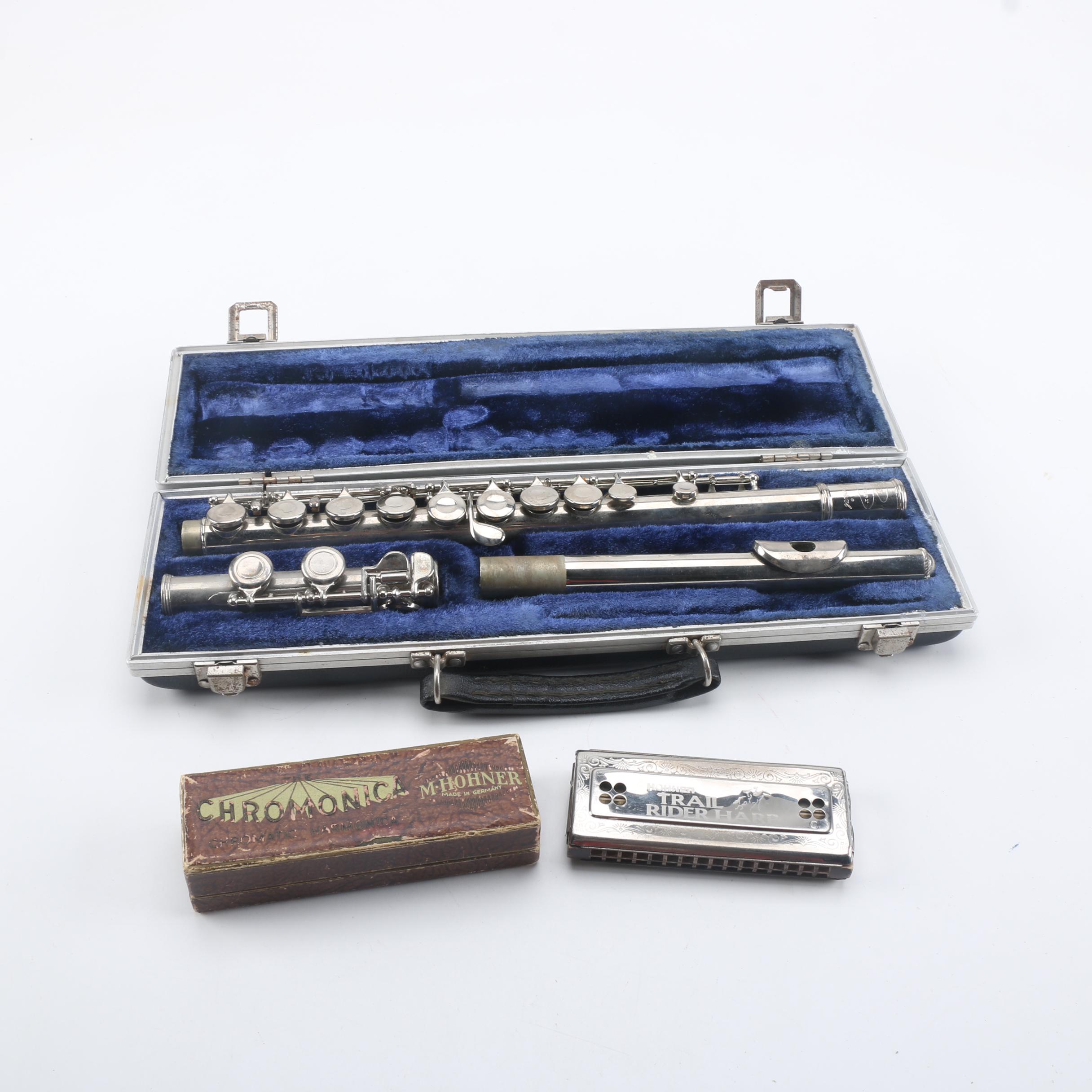 Buescher Aristocrat Flute and Hohner Harmonicas