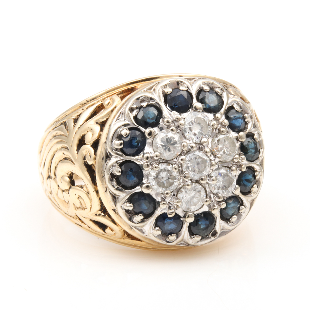 10K Yellow Gold, Diamond and 1.00 CTW Blue Sapphire Kentucky Cluster Ring