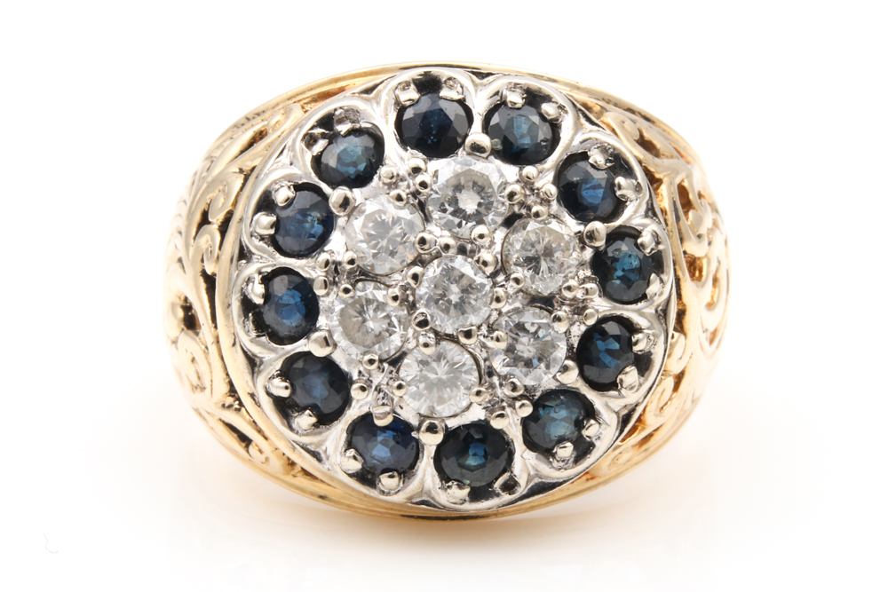 10K Yellow Gold, Diamond and 1.00 CTW Blue Sapphire Kentucky Cluster Ring