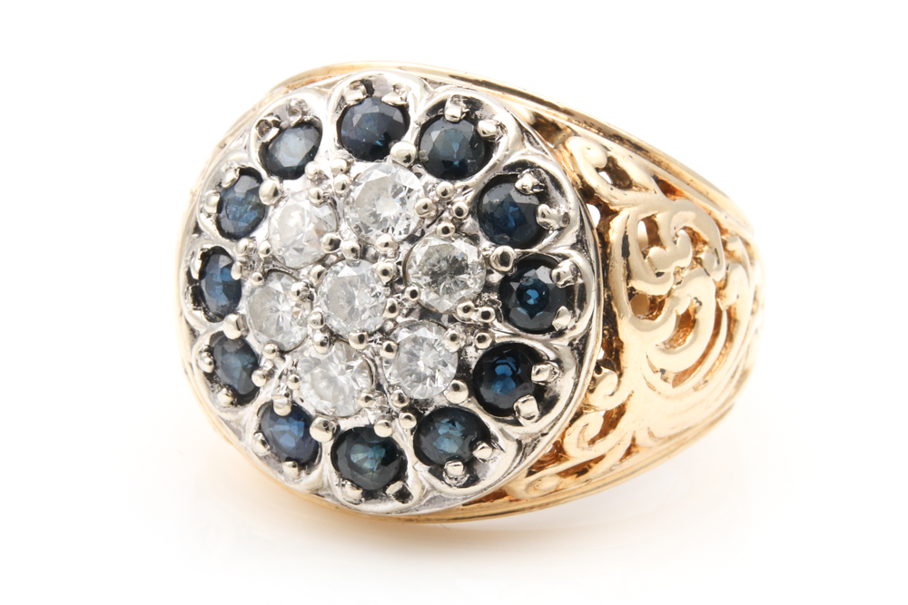 10K Yellow Gold, Diamond and 1.00 CTW Blue Sapphire Kentucky Cluster Ring