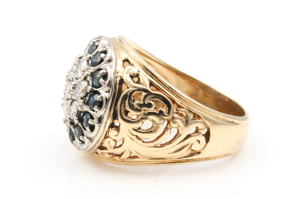 10K Yellow Gold, Diamond and 1.00 CTW Blue Sapphire Kentucky Cluster Ring