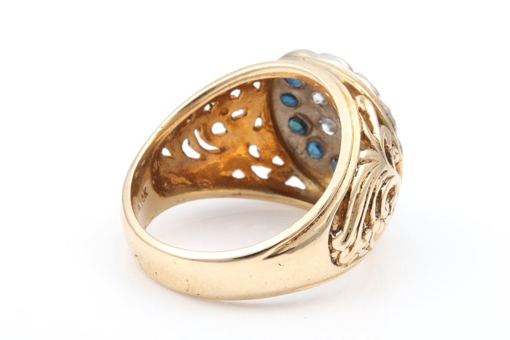 10K Yellow Gold, Diamond and 1.00 CTW Blue Sapphire Kentucky Cluster Ring