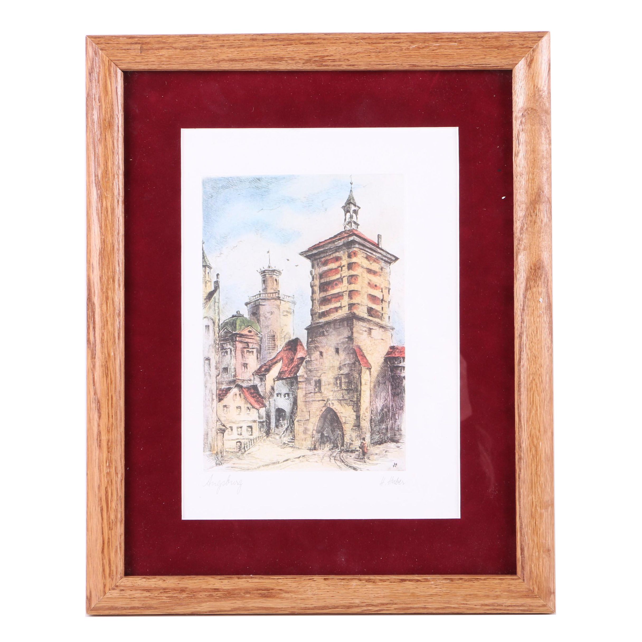 Offset Lithograph Print on Paper After H. Huber "Augsburg"