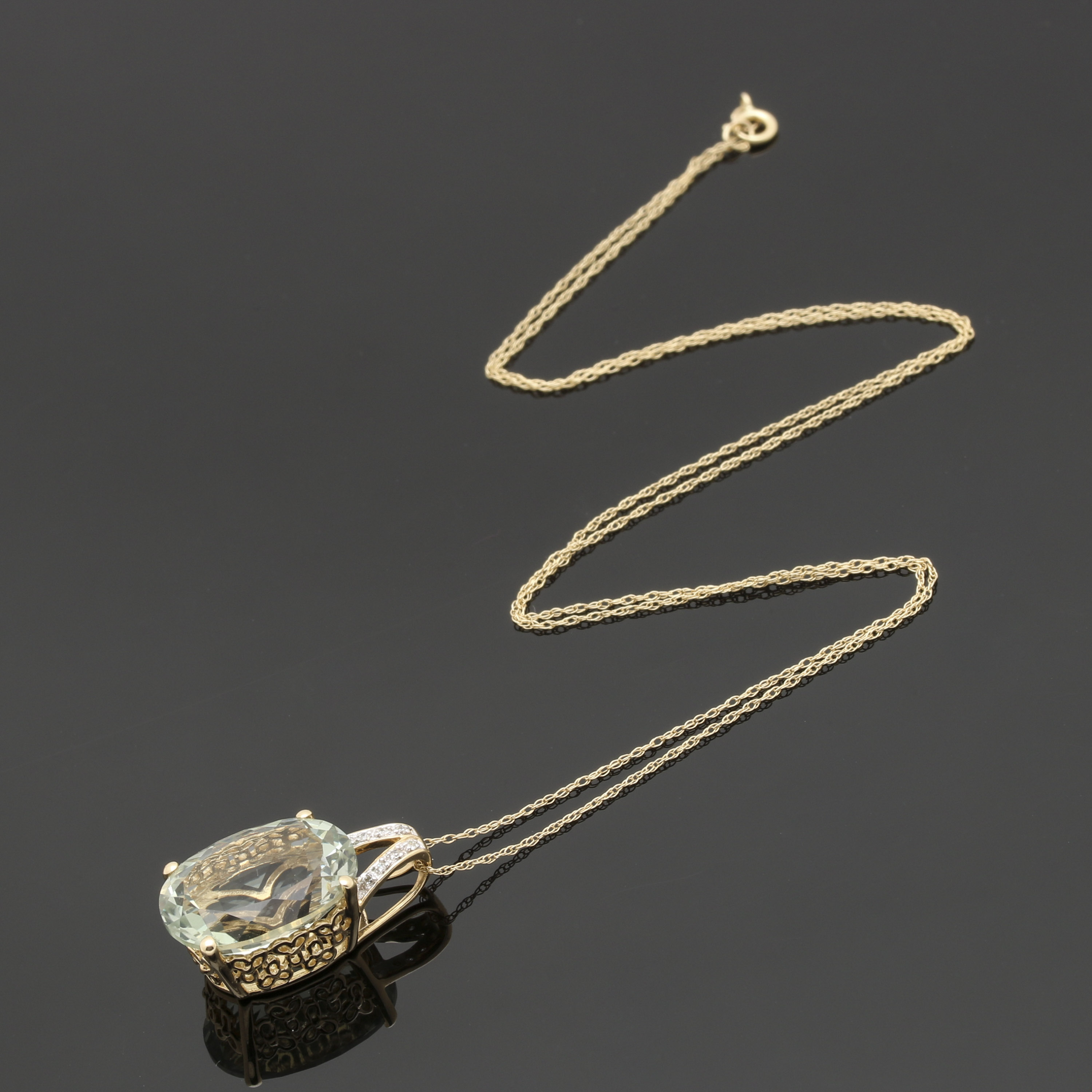 Helzberg Diamonds 14K Yellow Gold Praseolite and Diamond Pendant Necklace