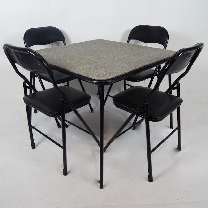 Cosco Black Folding Card Table And Four Metal Folding Chairs
