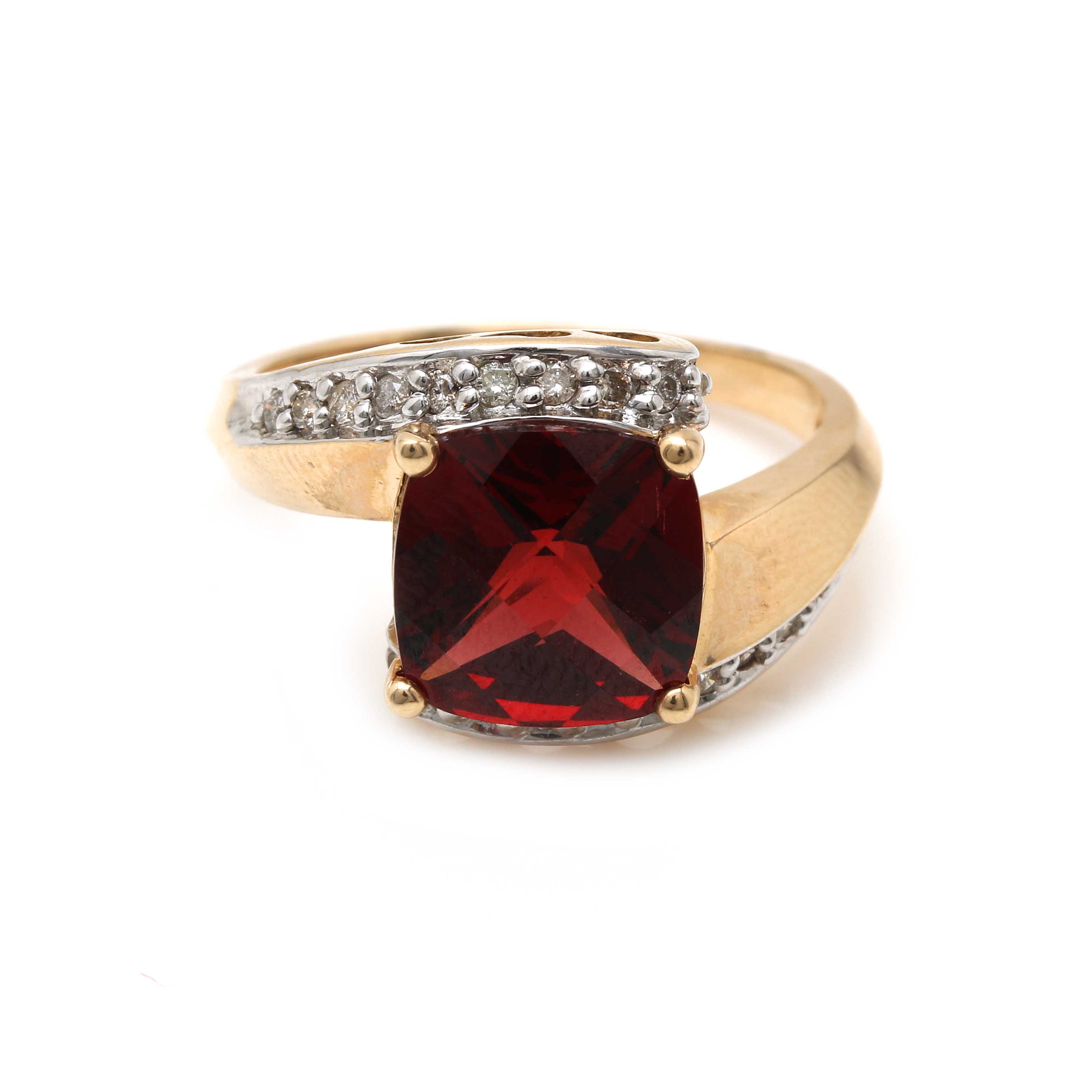 10K Yellow Gold Garnet and Diamond Bypass Ring