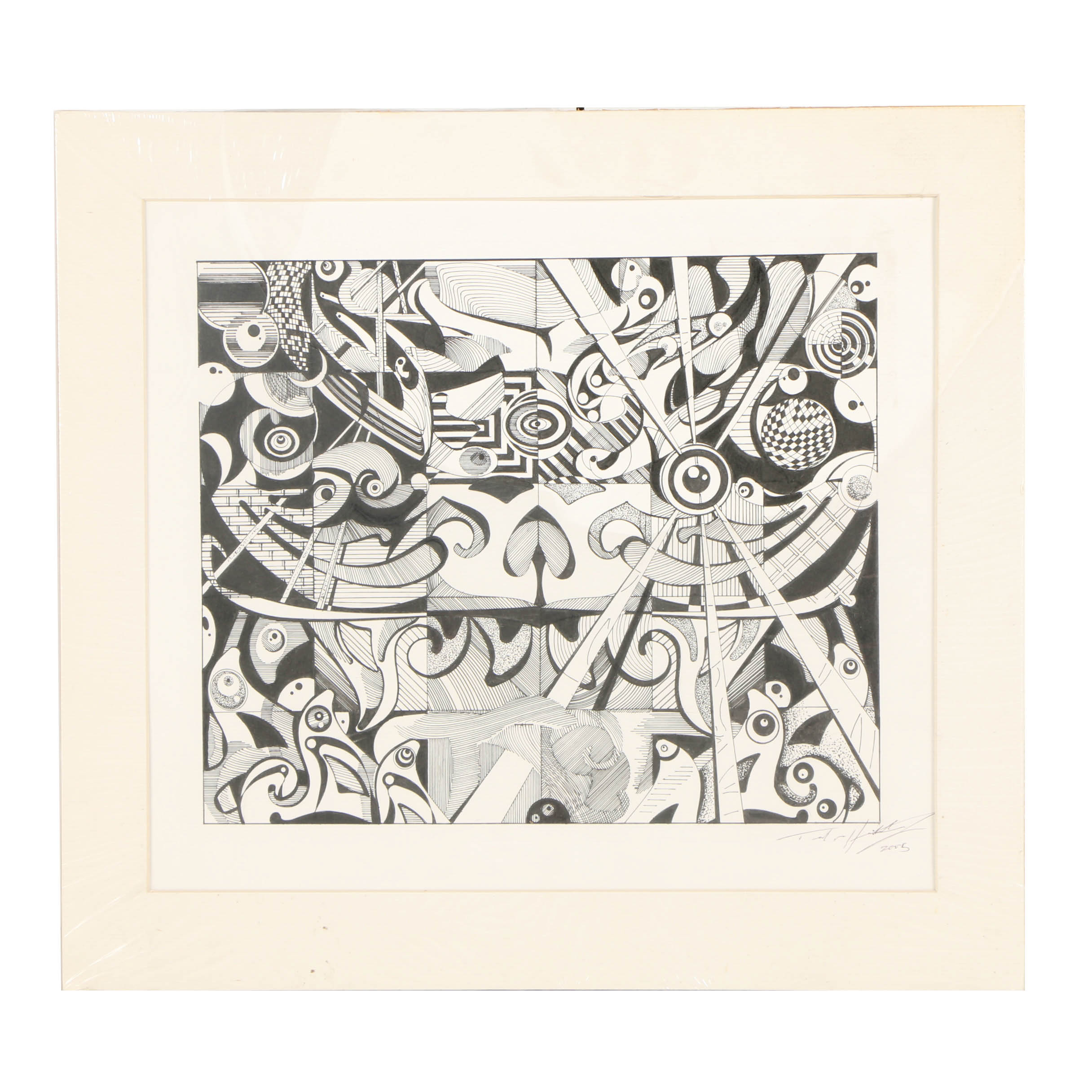 21st-Century Ink Drawing on Paper of Abstract Scene