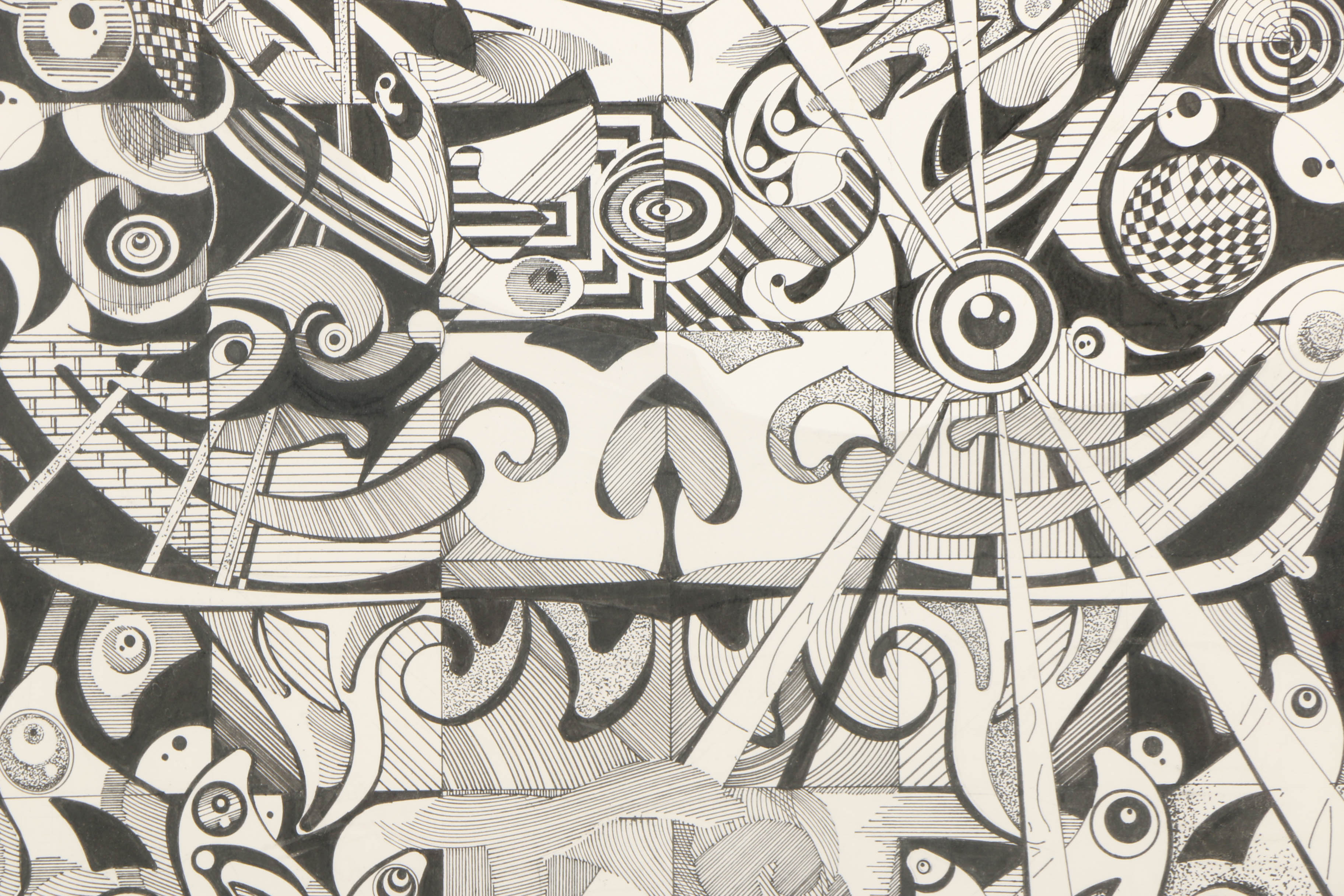 21st-Century Ink Drawing on Paper of Abstract Scene