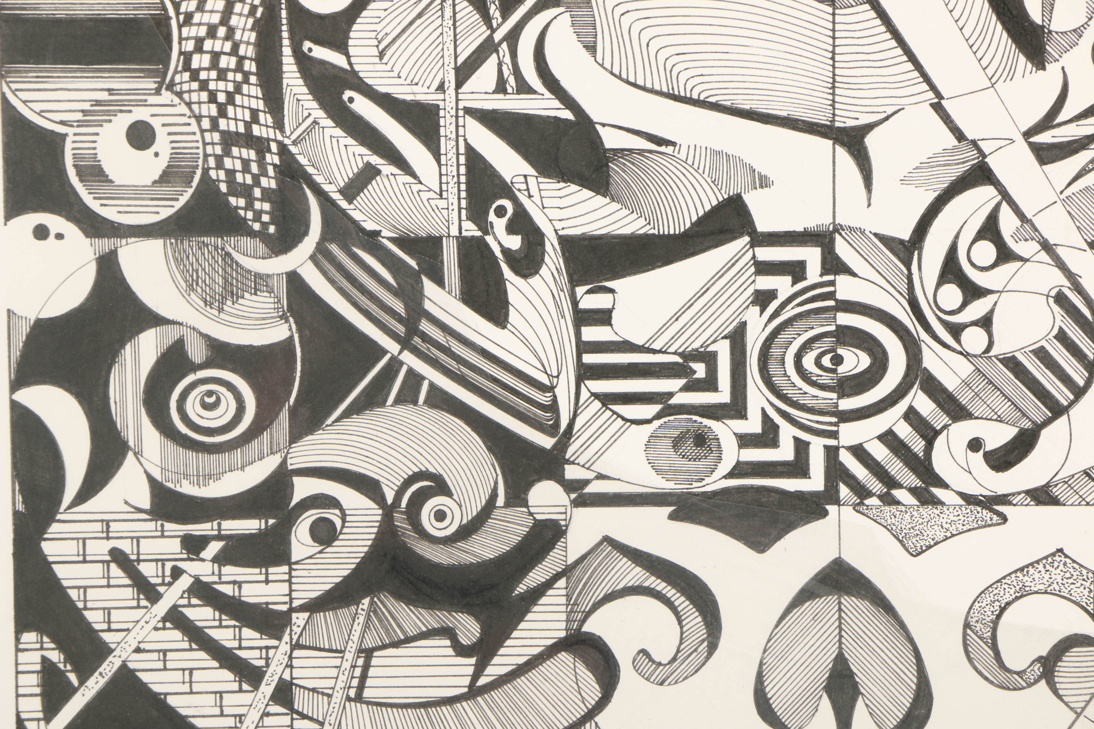 21st-Century Ink Drawing on Paper of Abstract Scene