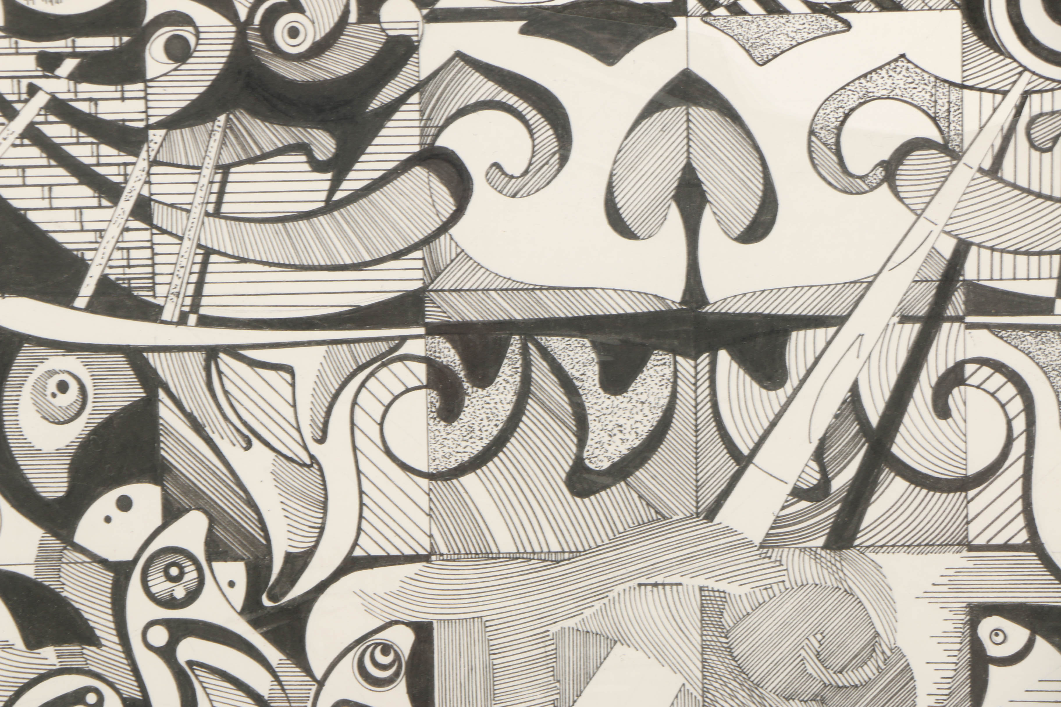 21st-Century Ink Drawing on Paper of Abstract Scene