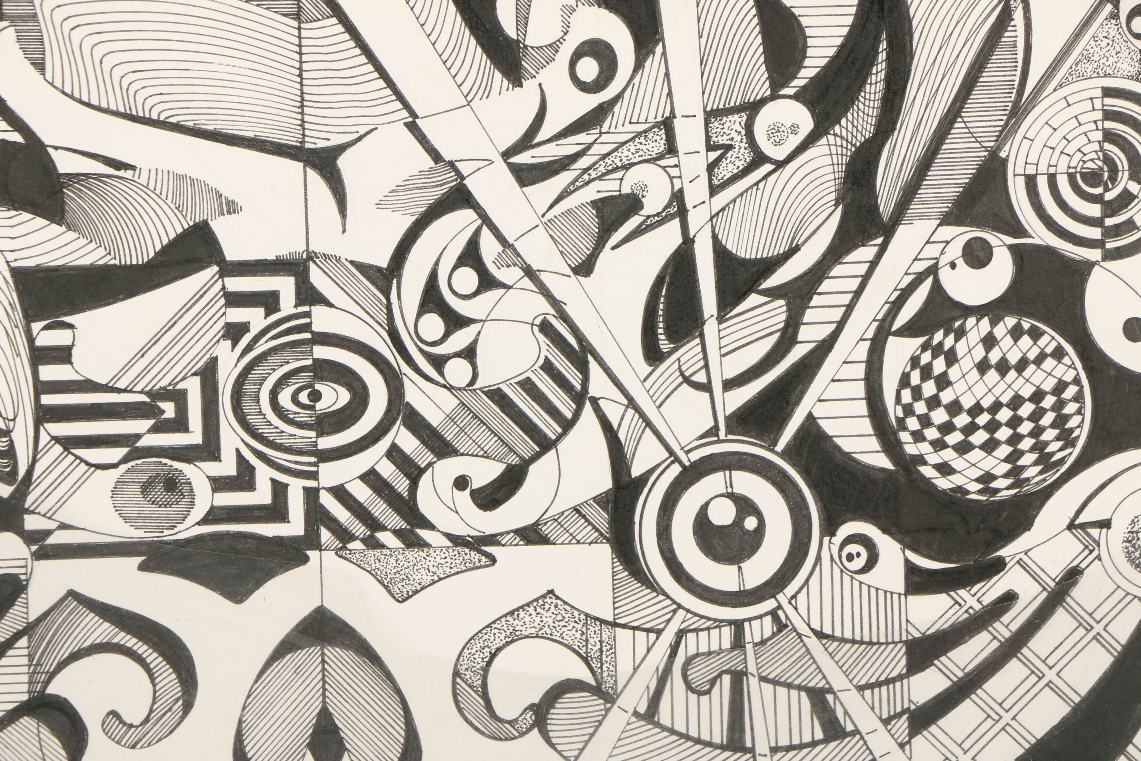 21st-Century Ink Drawing on Paper of Abstract Scene