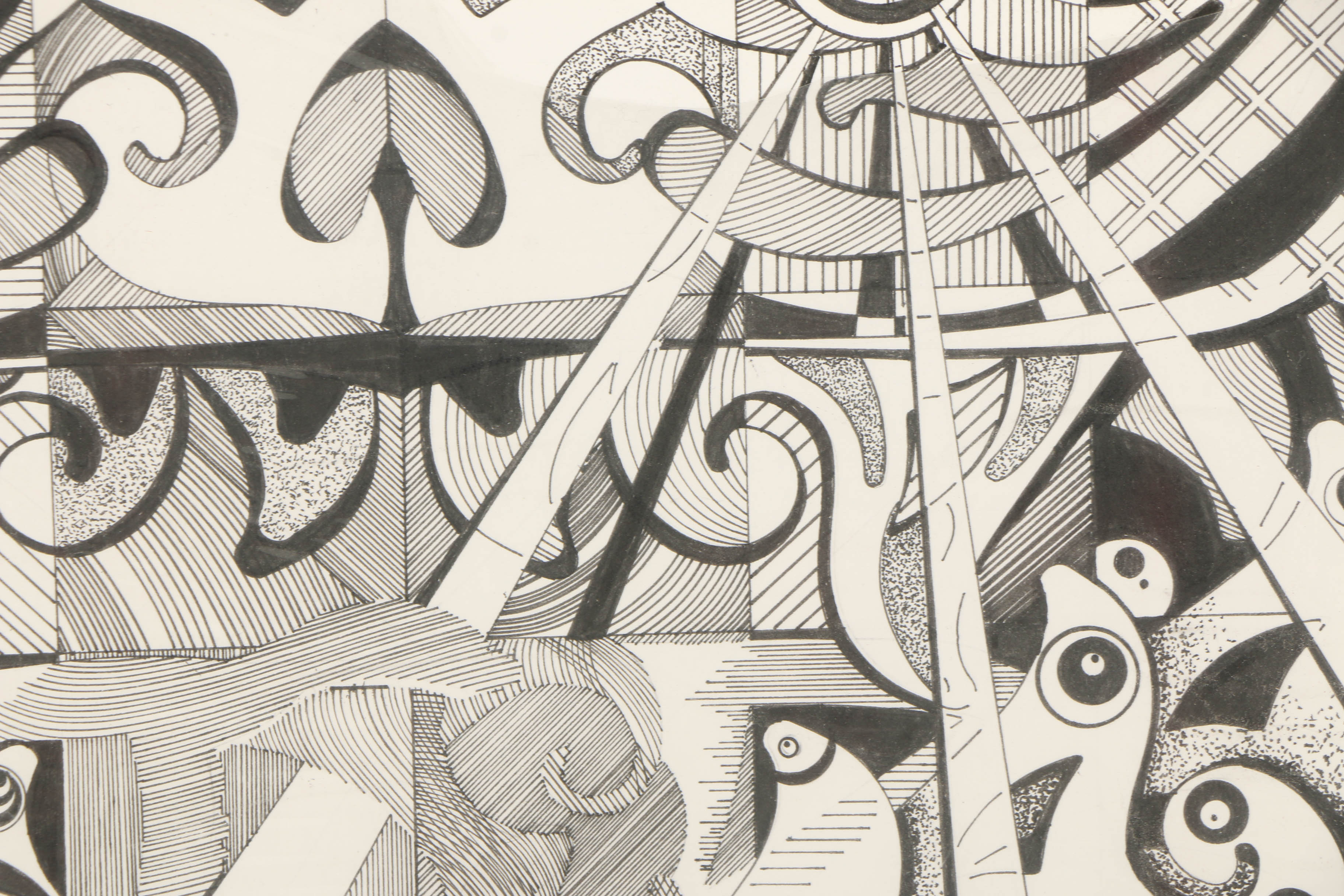 21st-Century Ink Drawing on Paper of Abstract Scene