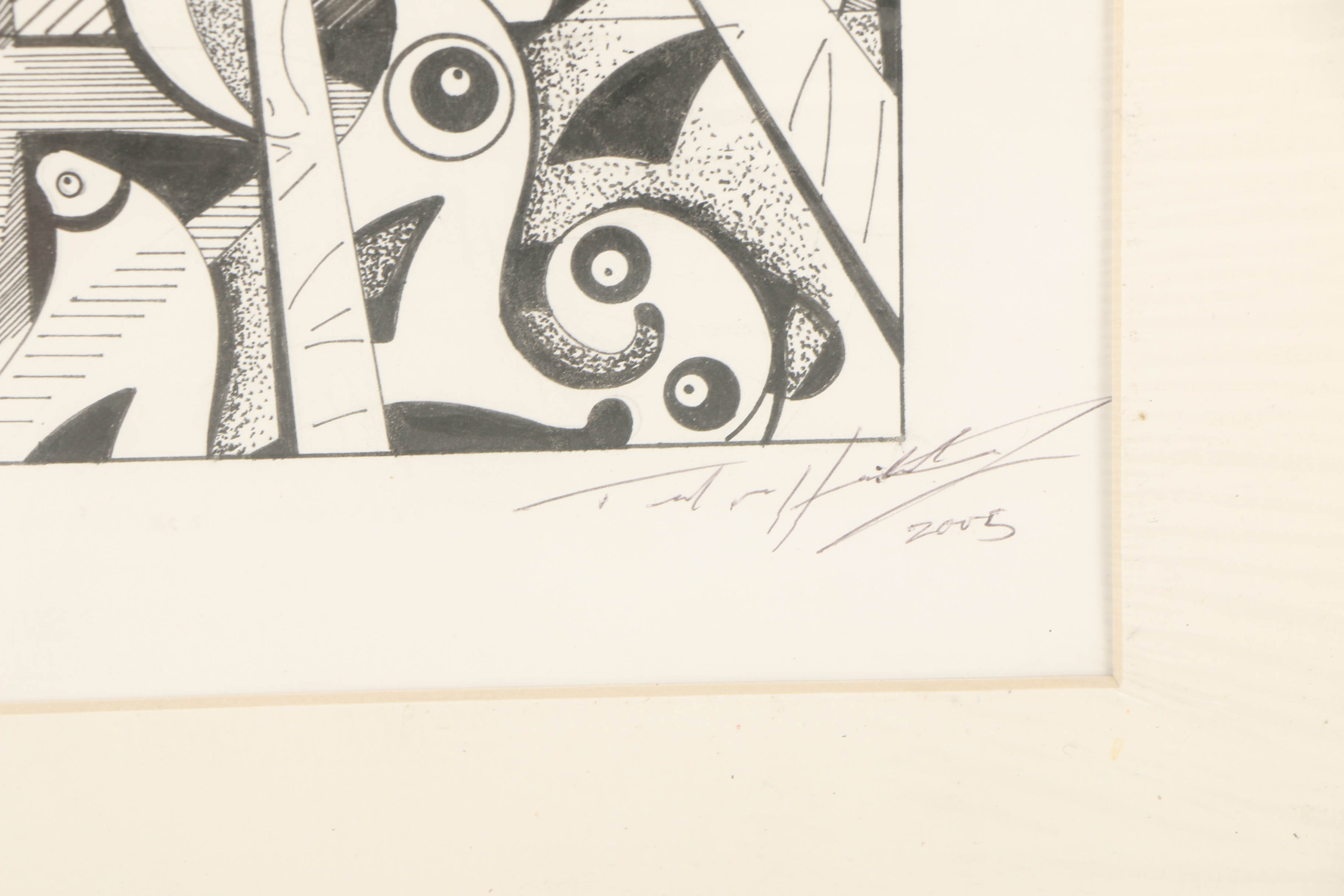 21st-Century Ink Drawing on Paper of Abstract Scene