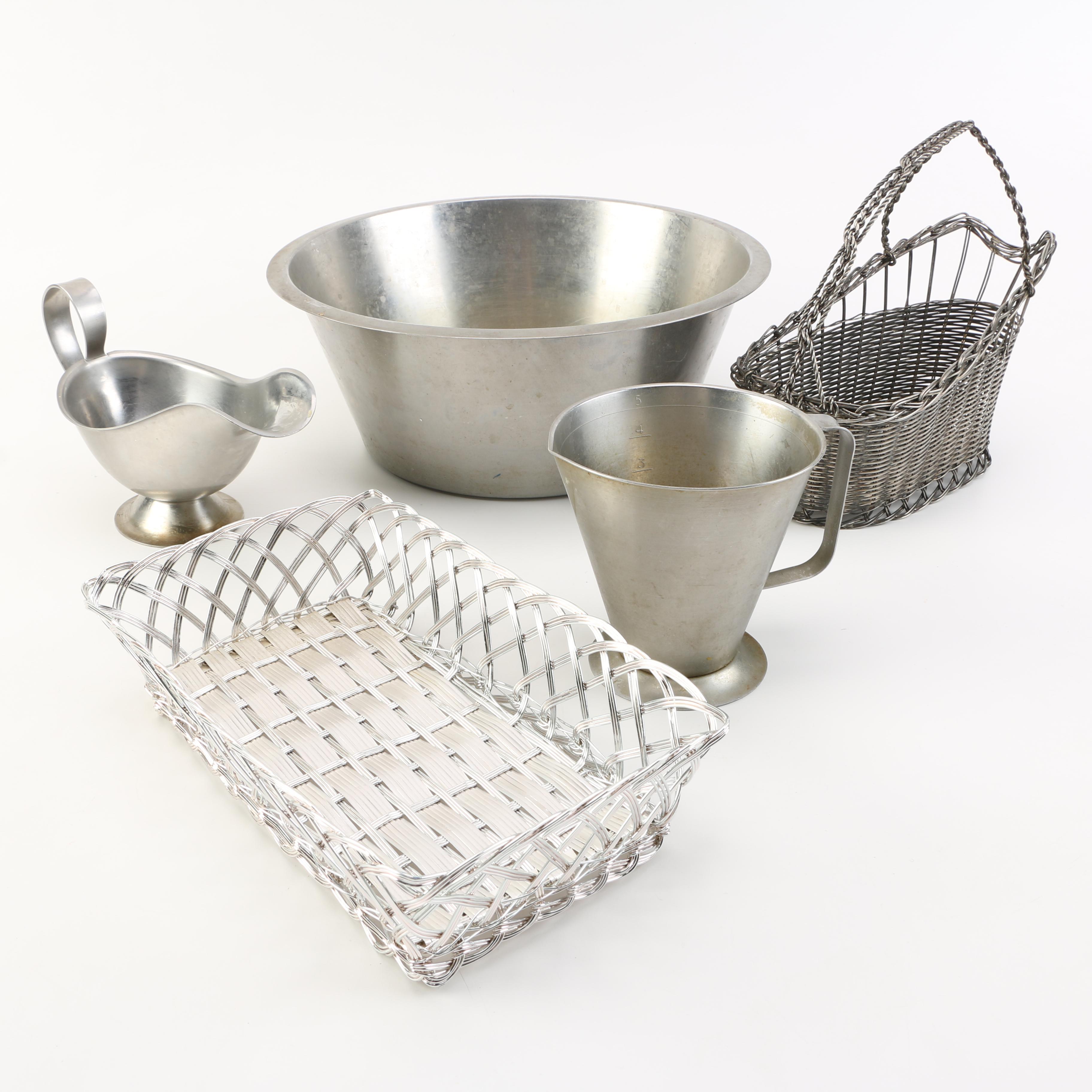 Metal Serving Baskets and Pewter Vessels