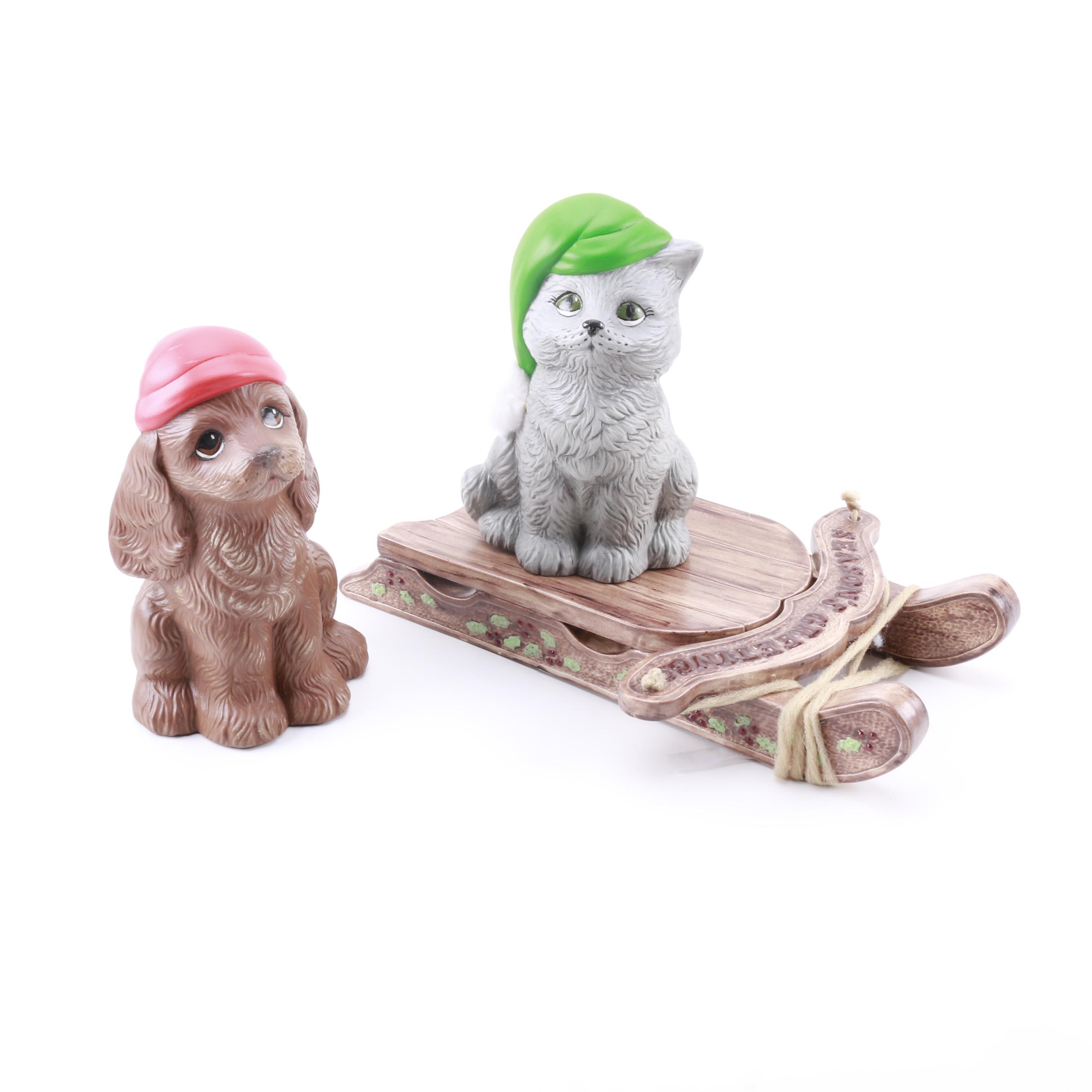 Vintage Dog and Cat Santa Figurines with Sled