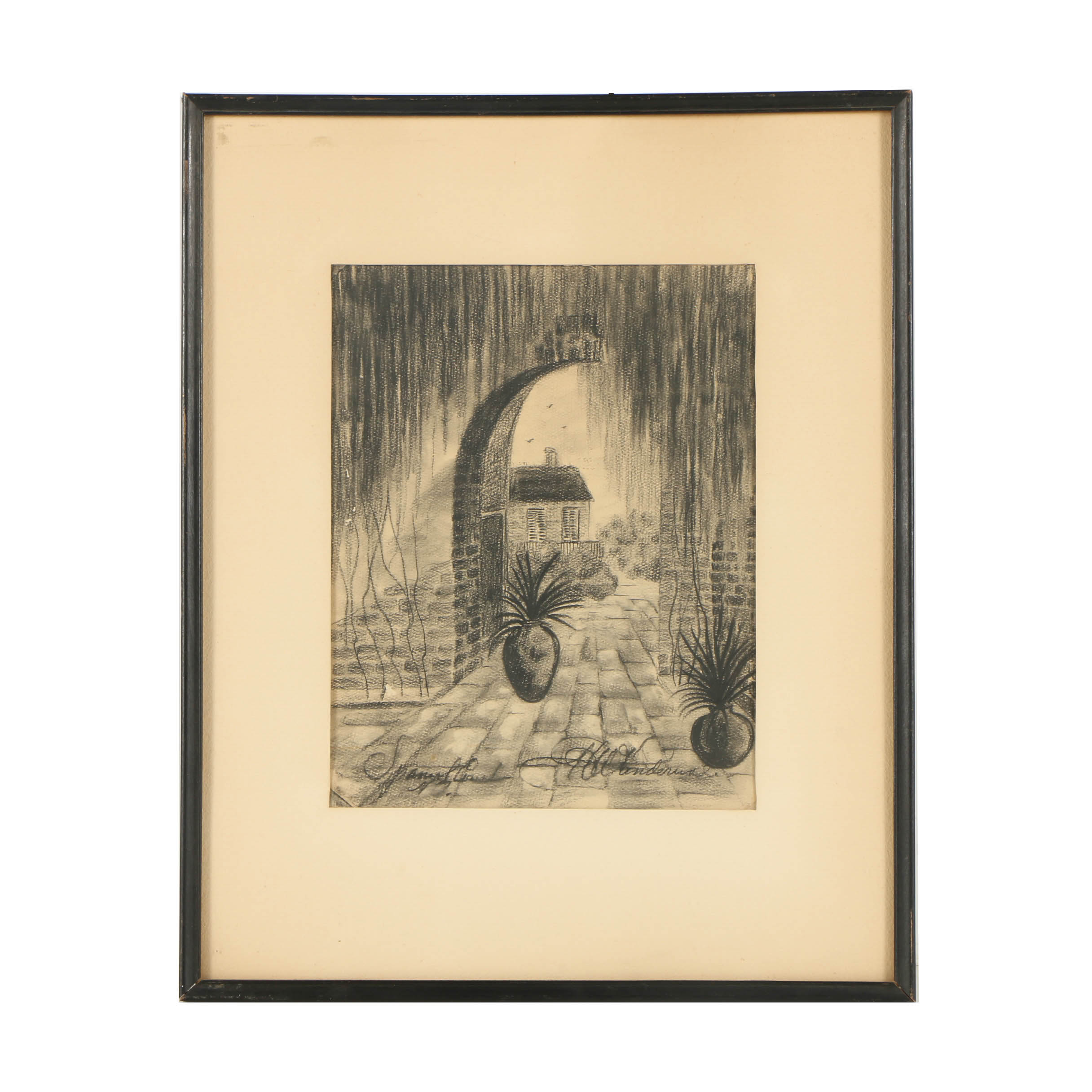 Charcoal Drawing on Paper of Courtyard