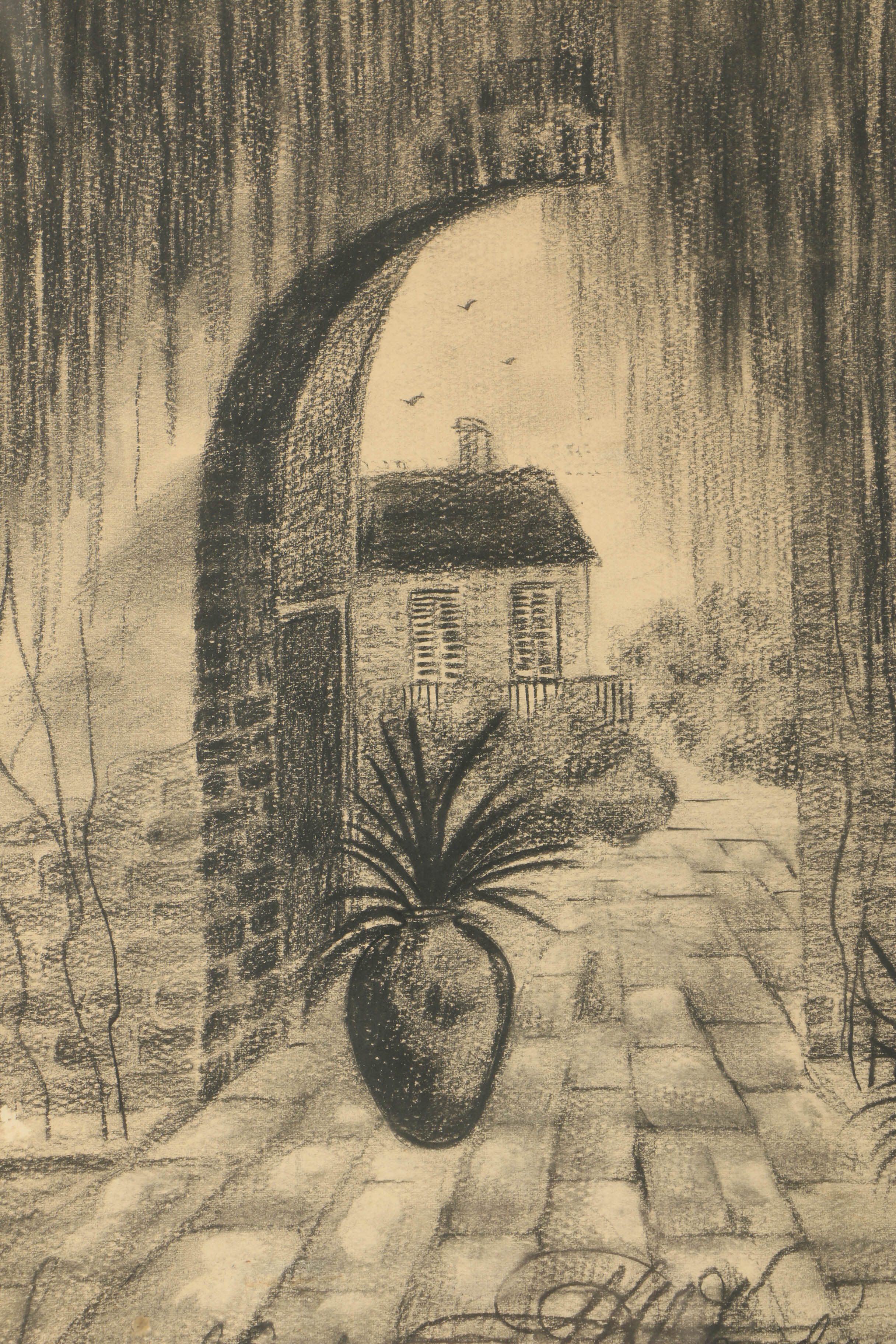 Charcoal Drawing on Paper of Courtyard
