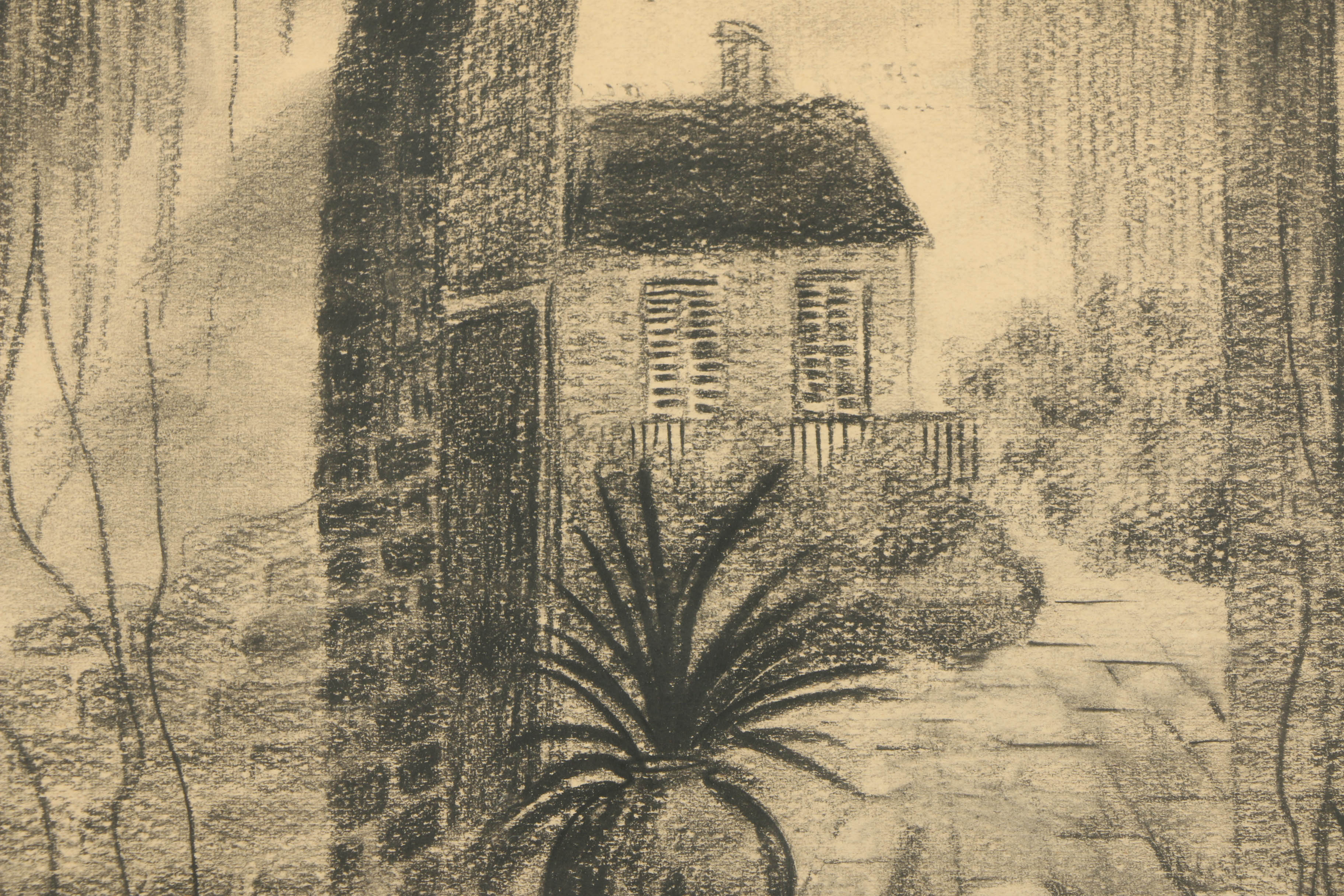 Charcoal Drawing on Paper of Courtyard