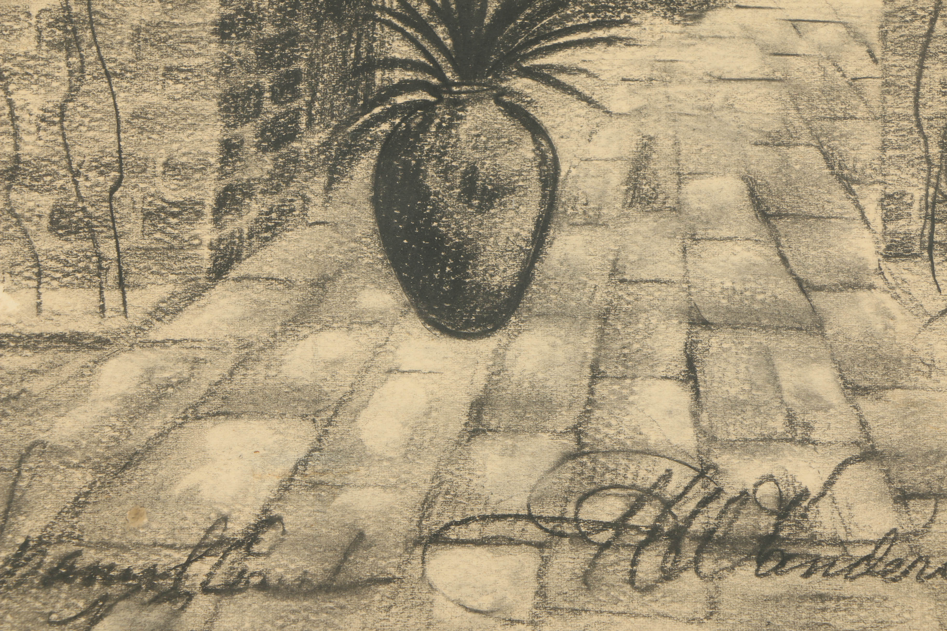 Charcoal Drawing on Paper of Courtyard