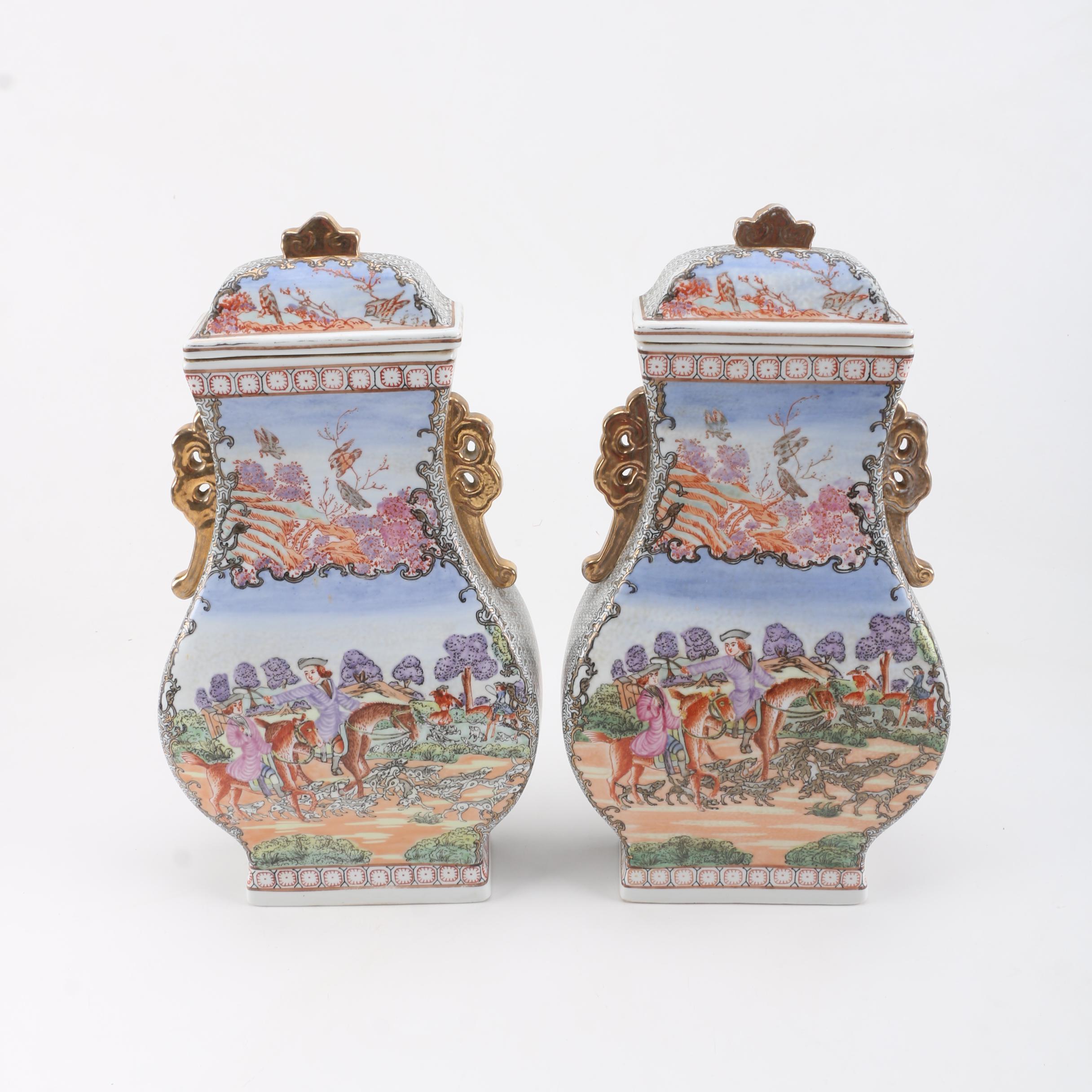 Chinese Export Style Covered Porcelain Urns